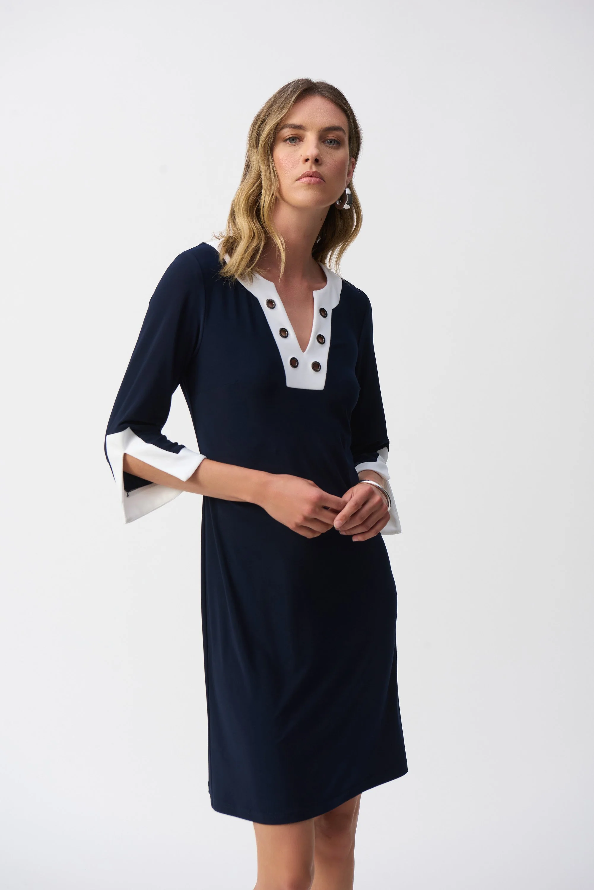251046 silky knit navy colour block dress - Image 2