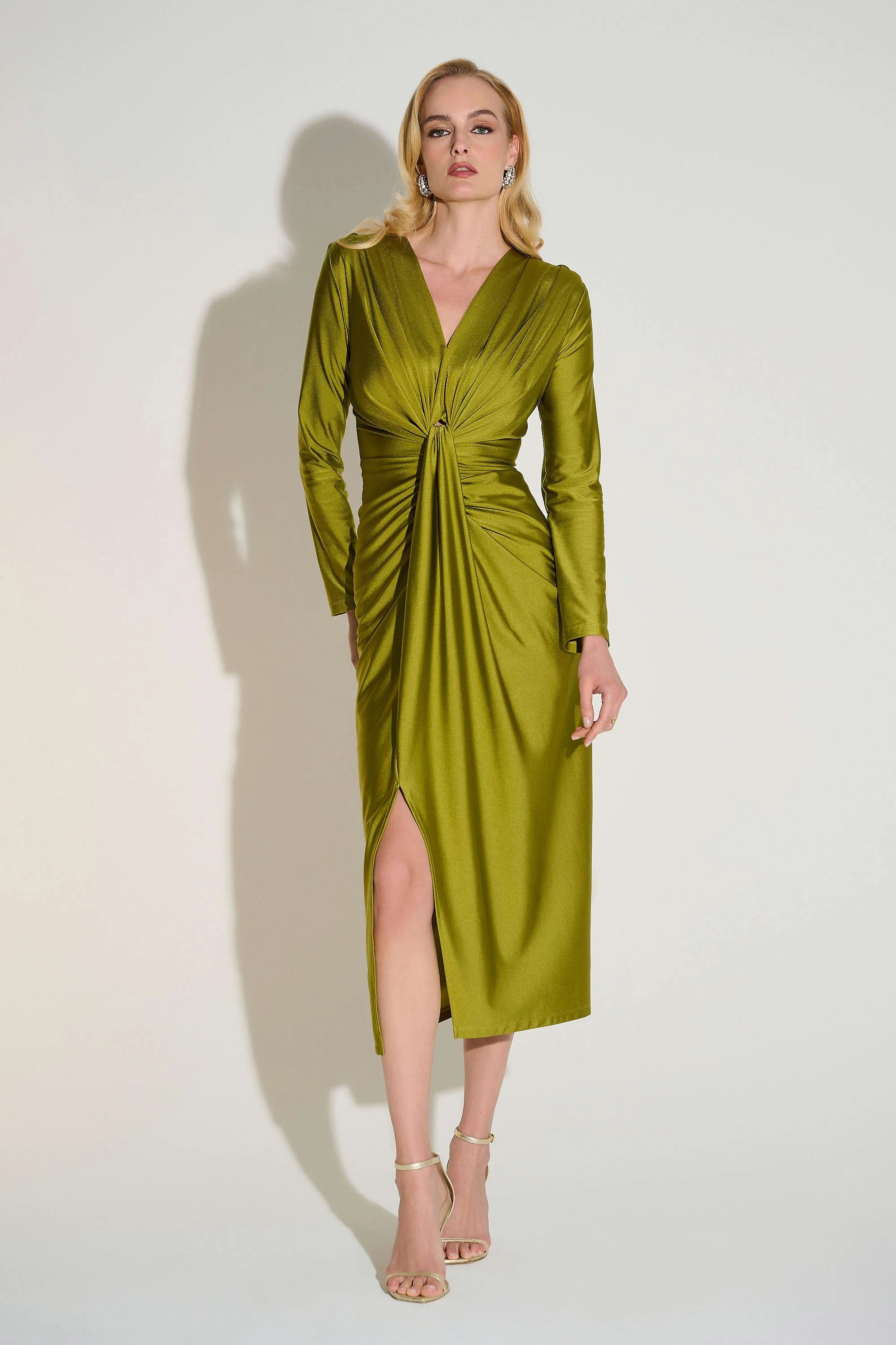 253714 satin effect silky knit  draped v neck sheath dress - Image 5