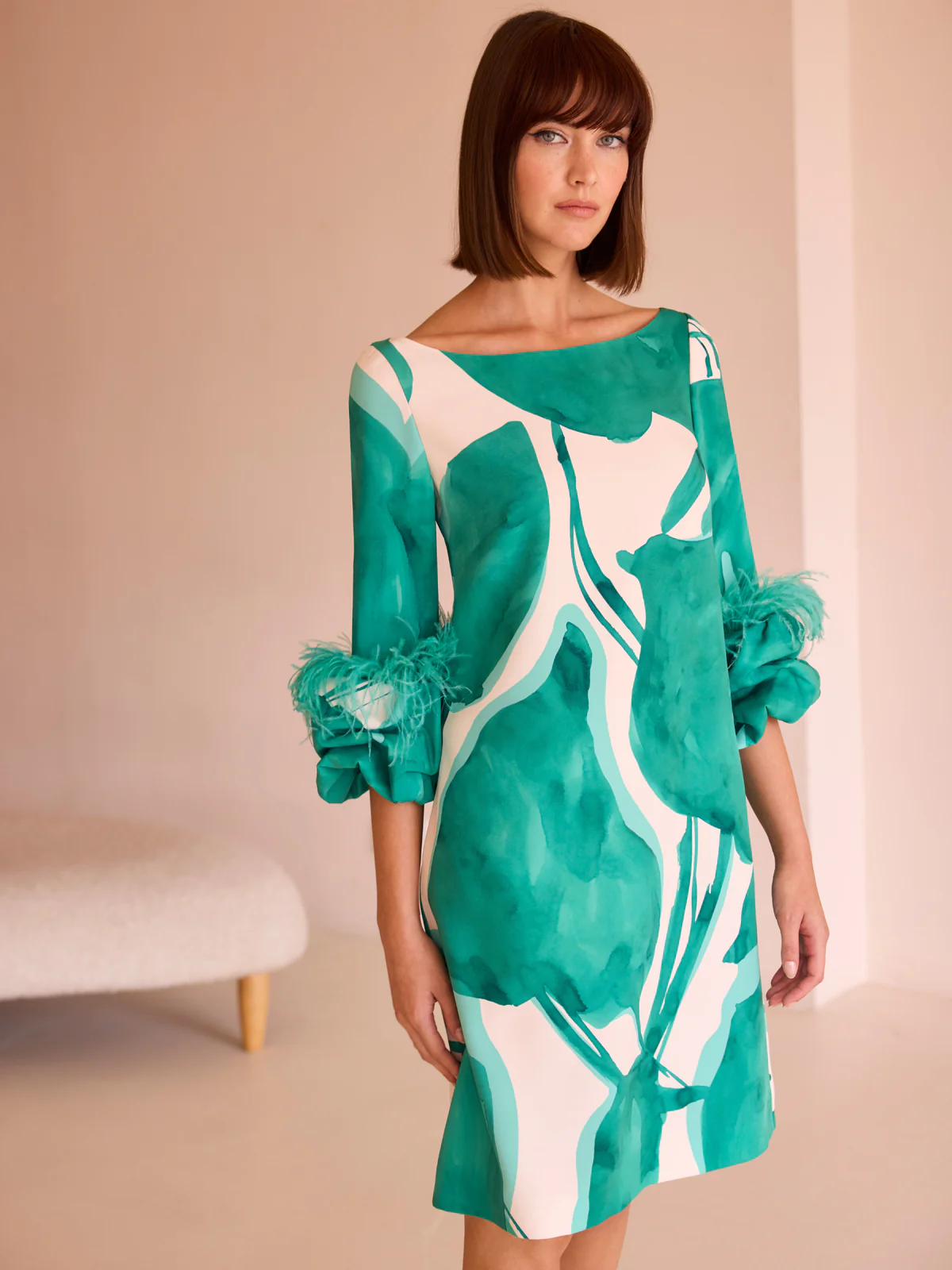 Carla Ruiz – Green Abstract Print Dress with Feather Cuff Detail 52570 - Image 2