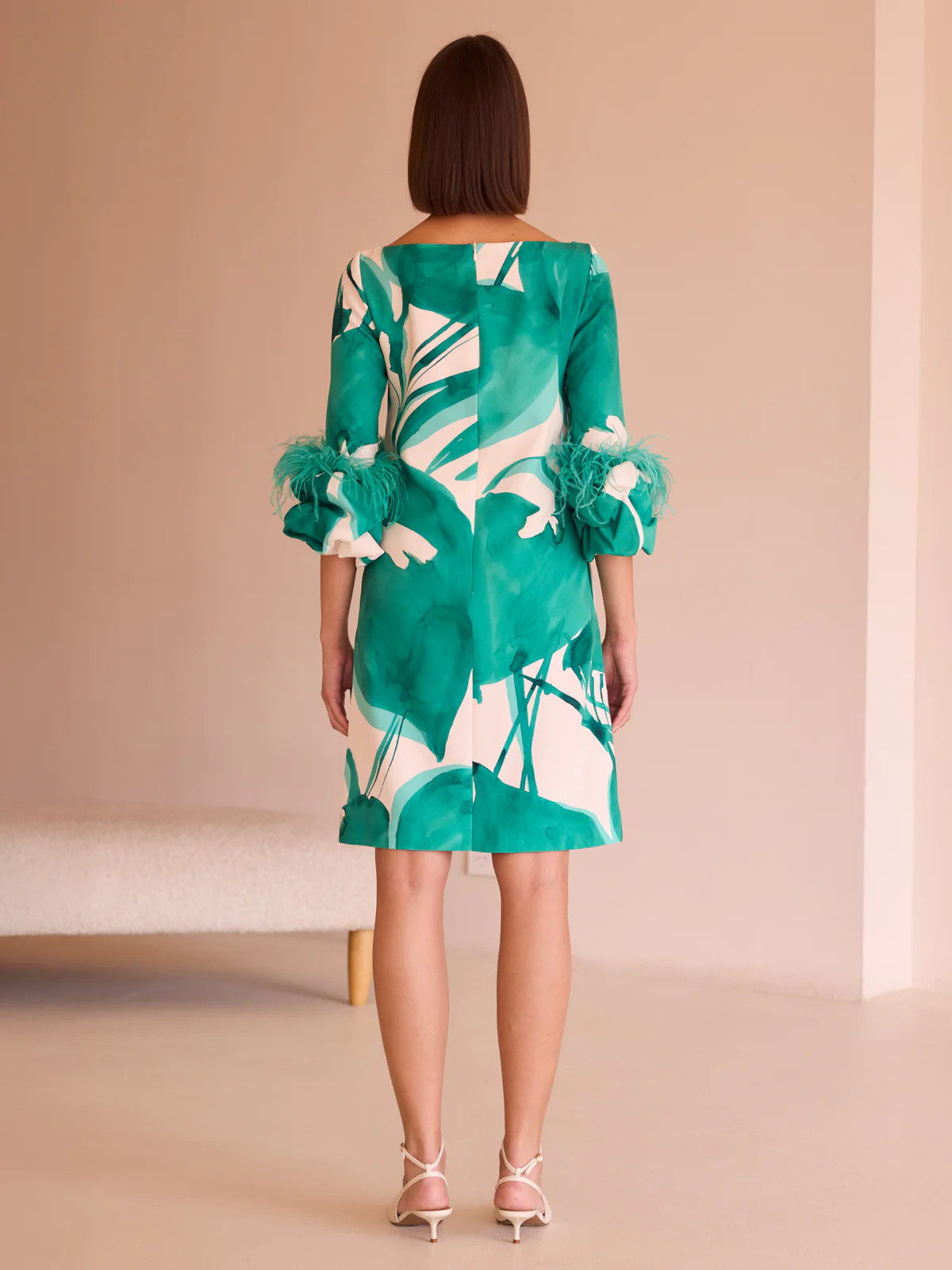 Carla Ruiz – Green Abstract Print Dress with Feather Cuff Detail 52570 - Image 3