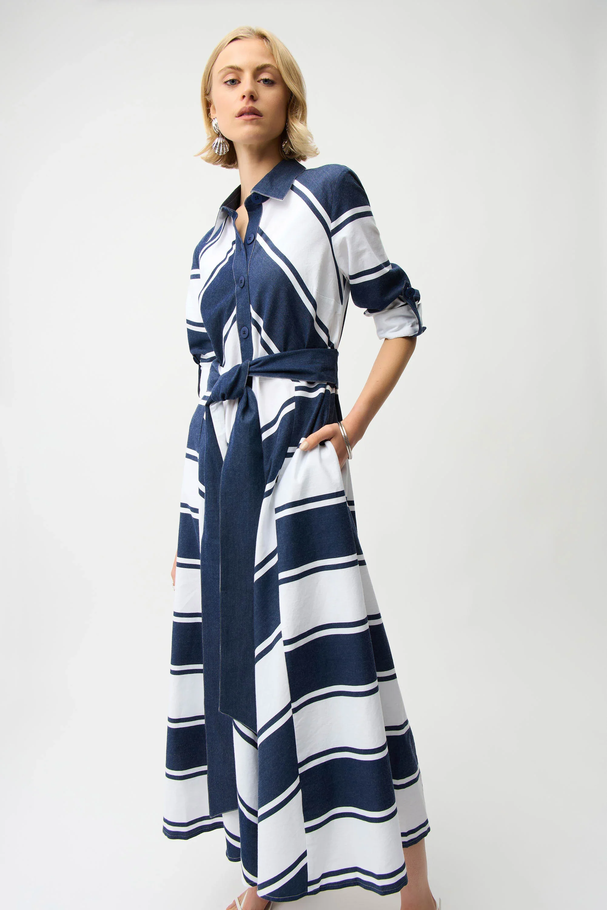 Cotton Stripe Print Fit and Flare Shirt Dress with Reversible Sash
261936 - Image 3