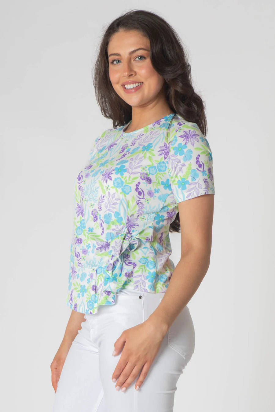 Esper printed top with tie hem and short sleeves purple and green. - Image 3