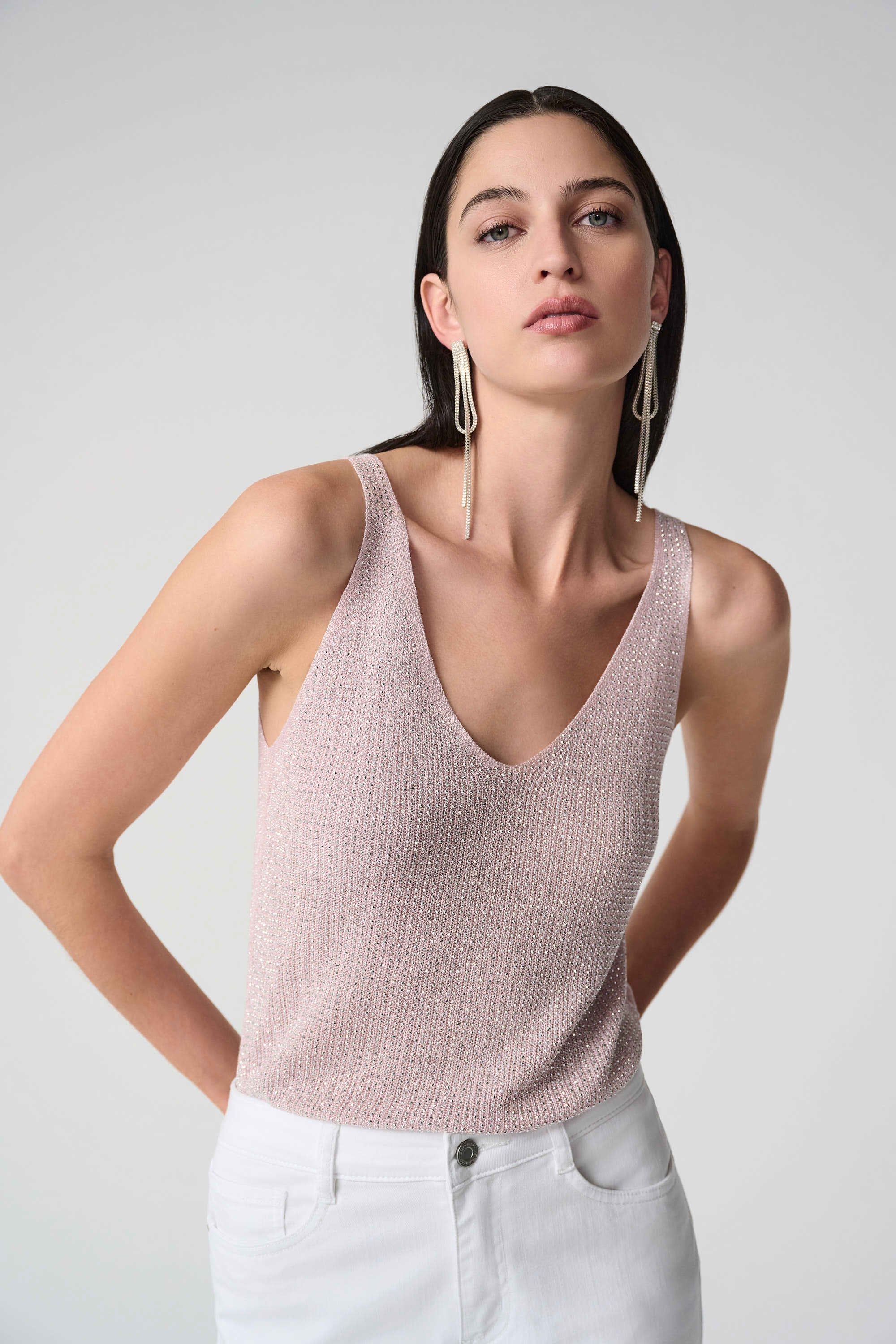 JOSEPH RIBKOFF 252915S26 Metallic Knitted Camisole with Rhinestones - Image 5