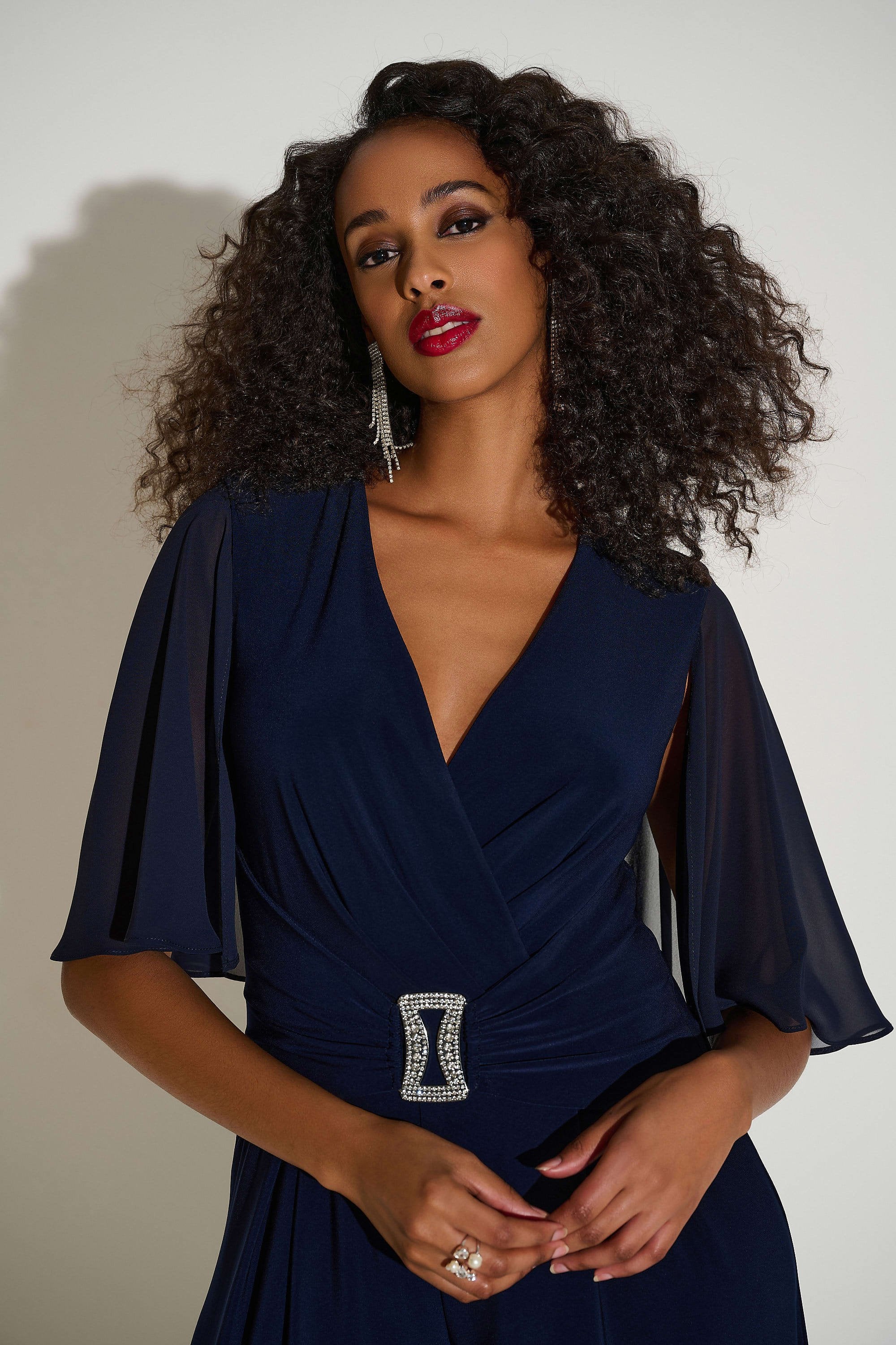 JOSEPH RIBKOFF 253723 Signature | Silky Knit & Chiffon Wide Leg Jumpsuit with Cape - Image 2