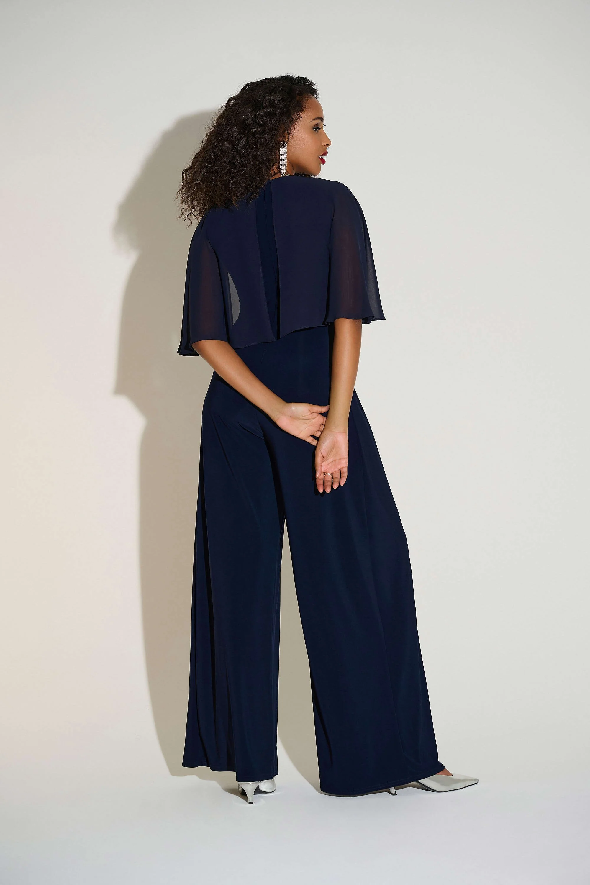 JOSEPH RIBKOFF 253723 Signature | Silky Knit & Chiffon Wide Leg Jumpsuit with Cape - Image 3