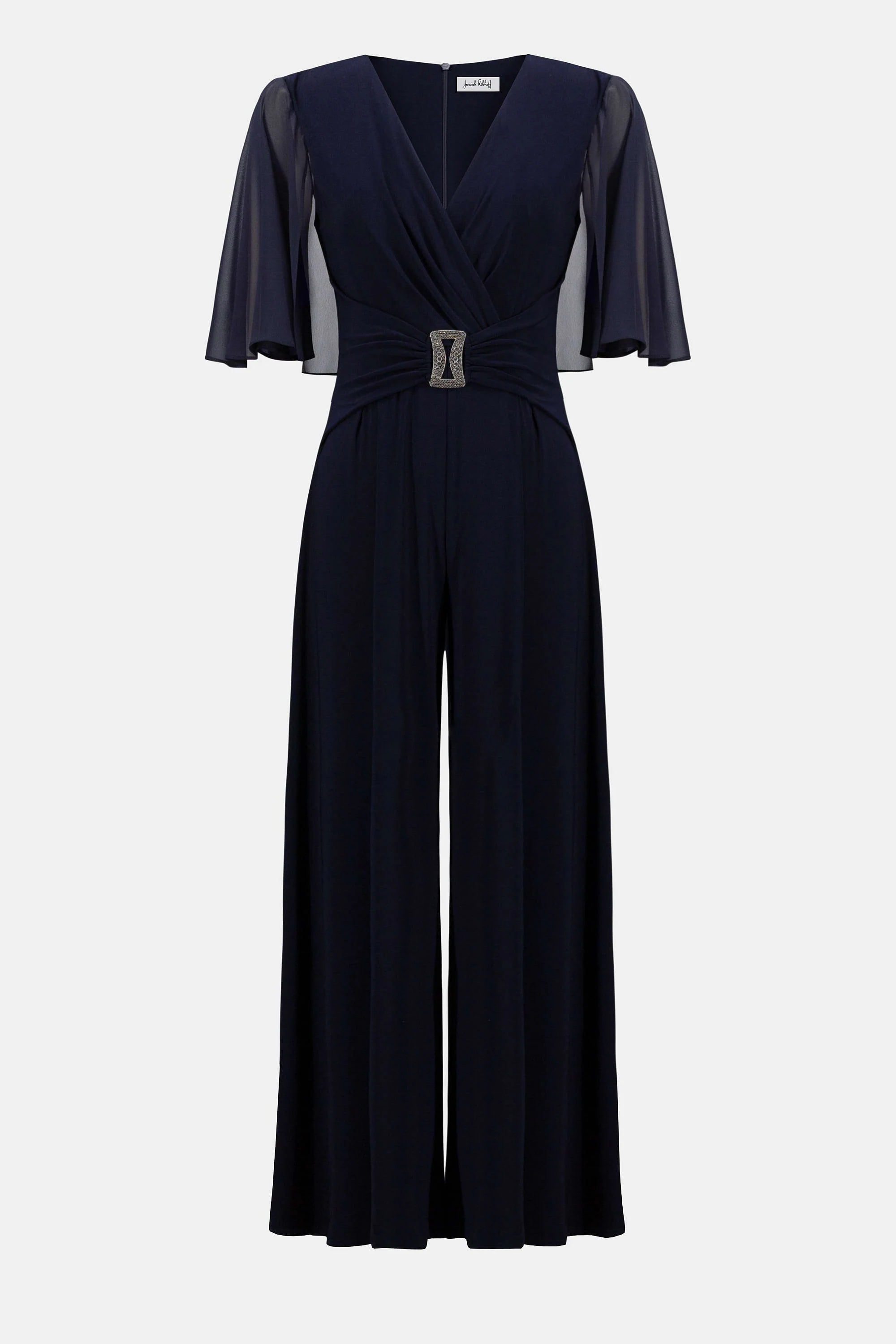 JOSEPH RIBKOFF 253723 Signature | Silky Knit & Chiffon Wide Leg Jumpsuit with Cape - Image 4