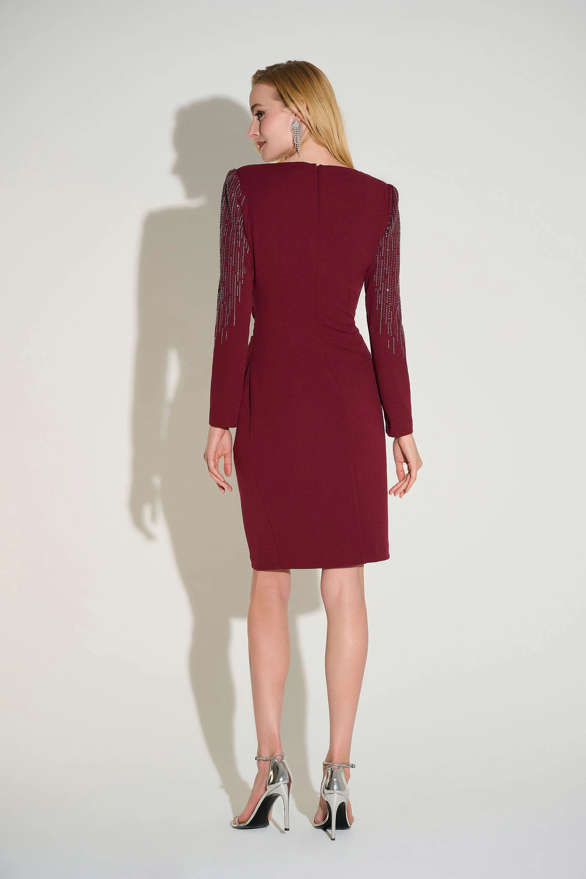 JOSEPH RIBKOFF 253752 Signature | Scuba Crepe Sheath Dress With Embellished Sleeves in Merlot - Image 3