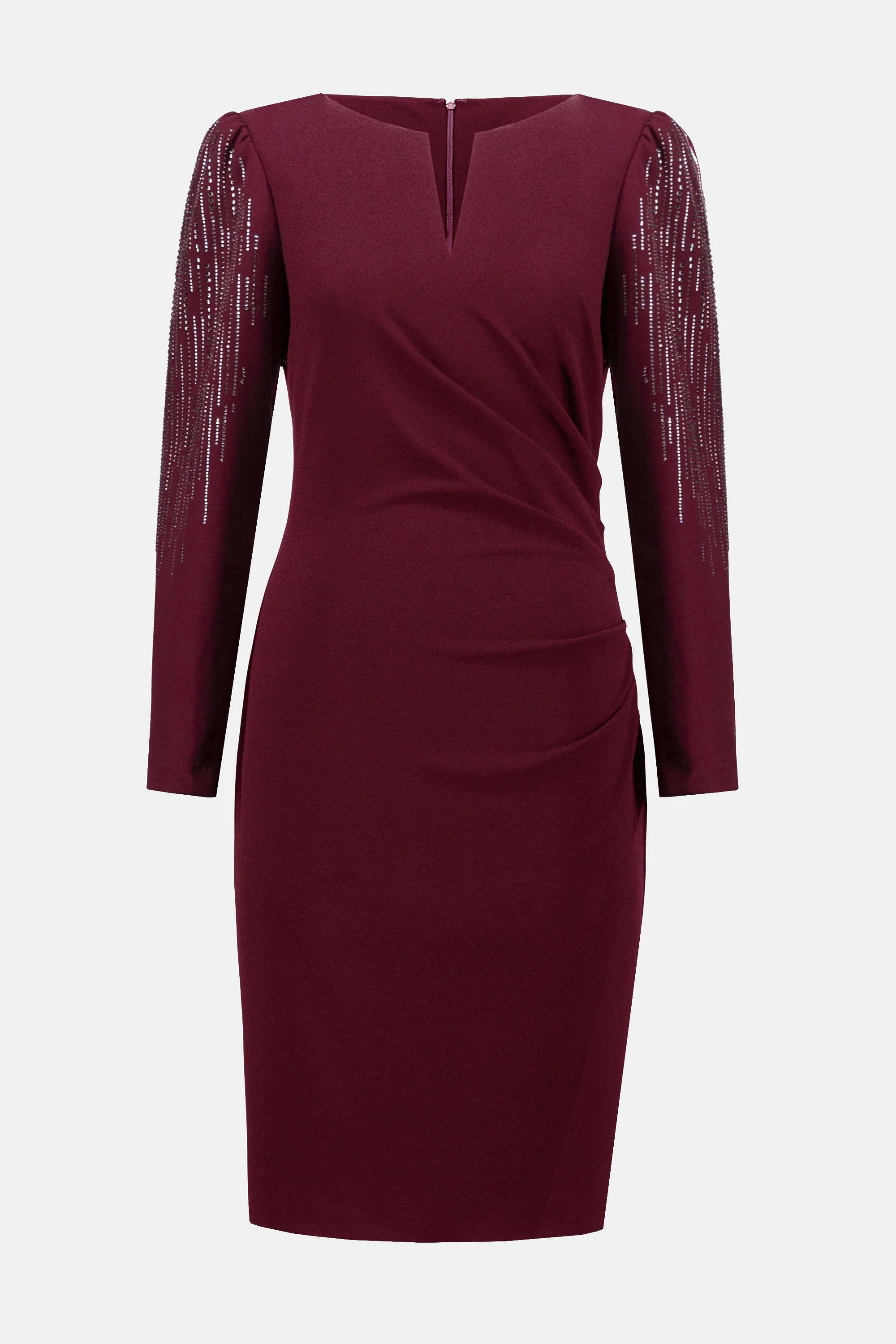 JOSEPH RIBKOFF 253752 Signature | Scuba Crepe Sheath Dress With Embellished Sleeves in Merlot - Image 5