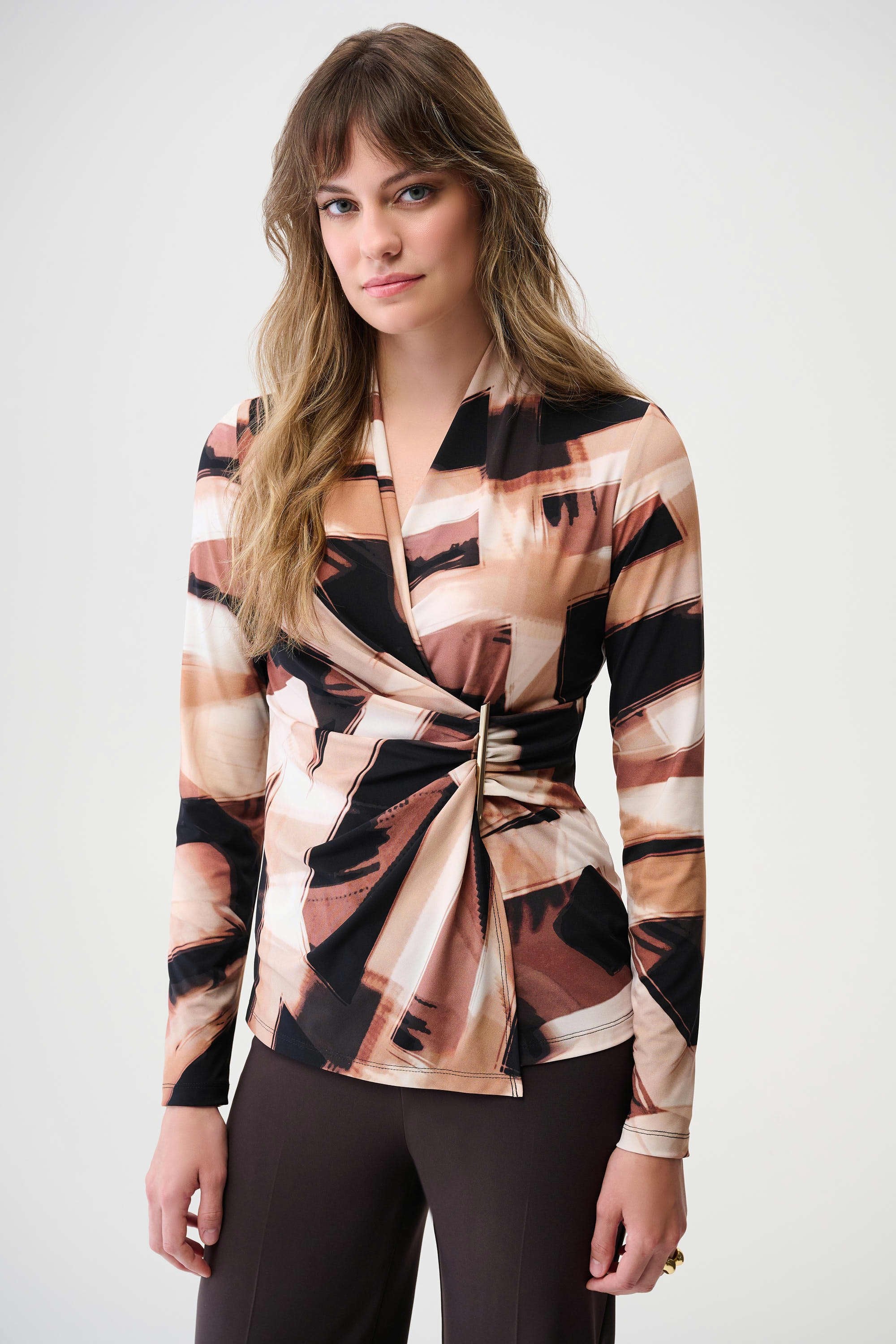JOSEPH RIBKOFF 254218 Silky Knit Abstract Print Fitted Wrap Top in black/brown - Image 2