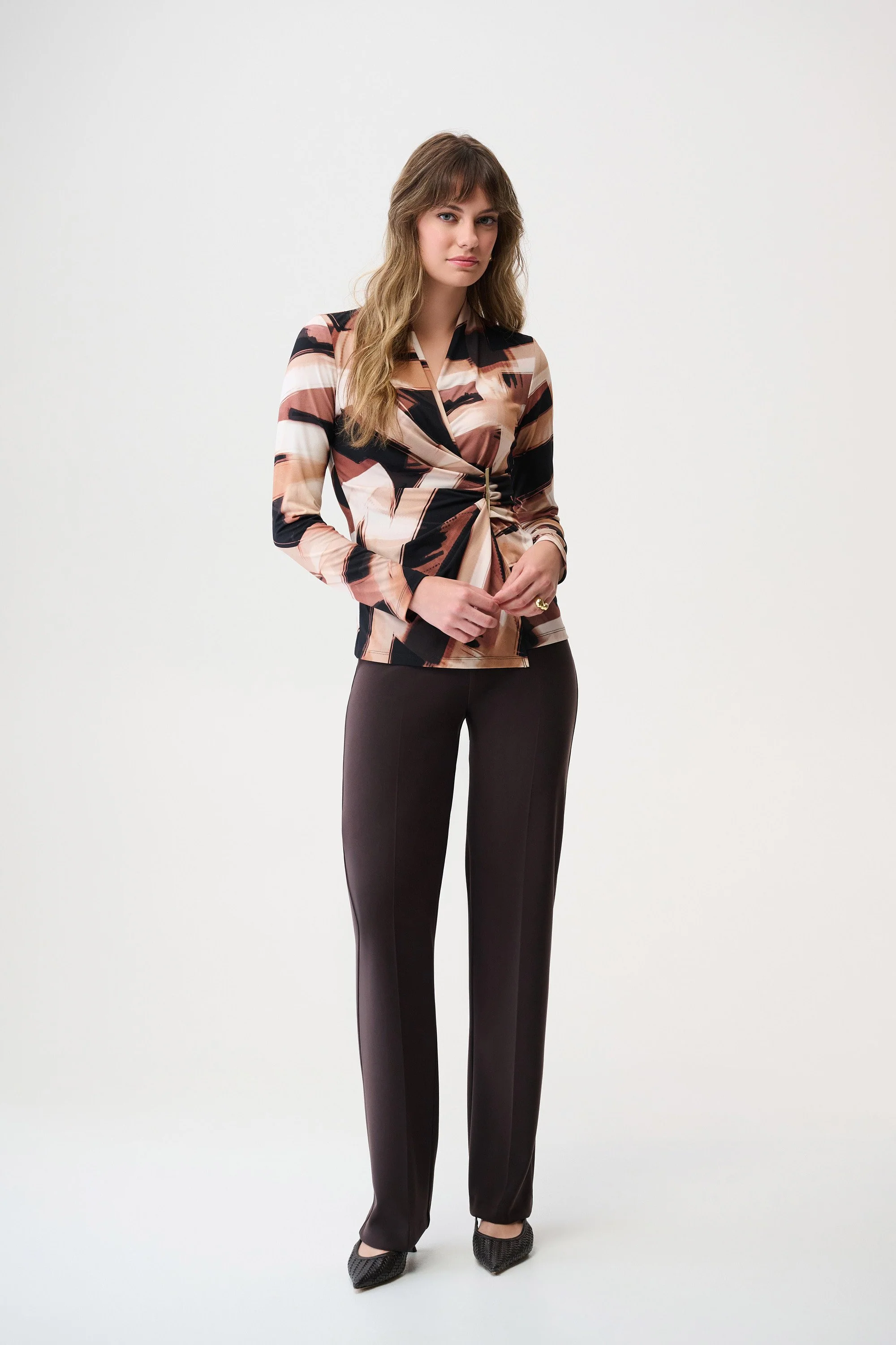 JOSEPH RIBKOFF 254218 Silky Knit Abstract Print Fitted Wrap Top in black/brown - Image 5