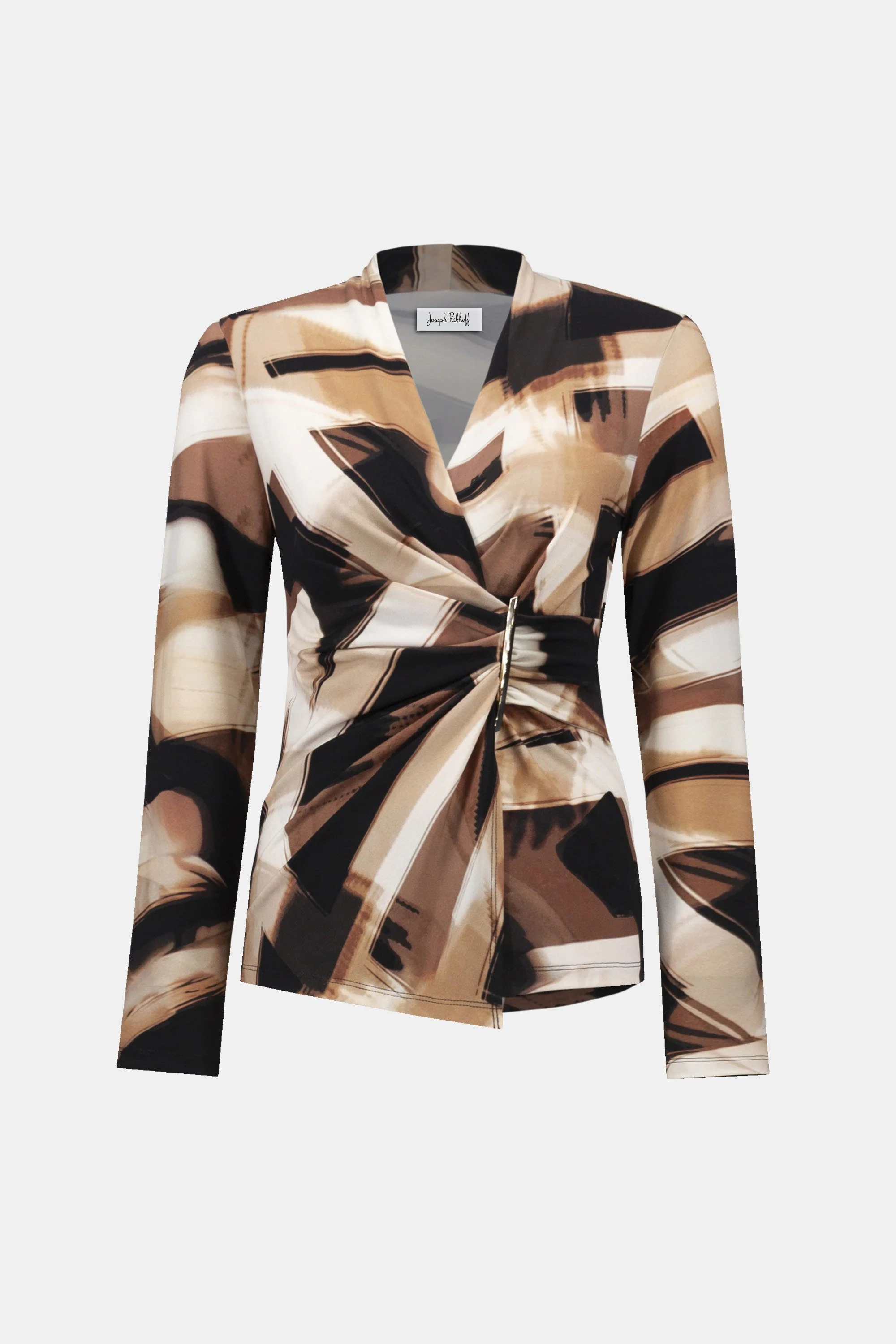 JOSEPH RIBKOFF 254218 Silky Knit Abstract Print Fitted Wrap Top in black/brown - Image 6