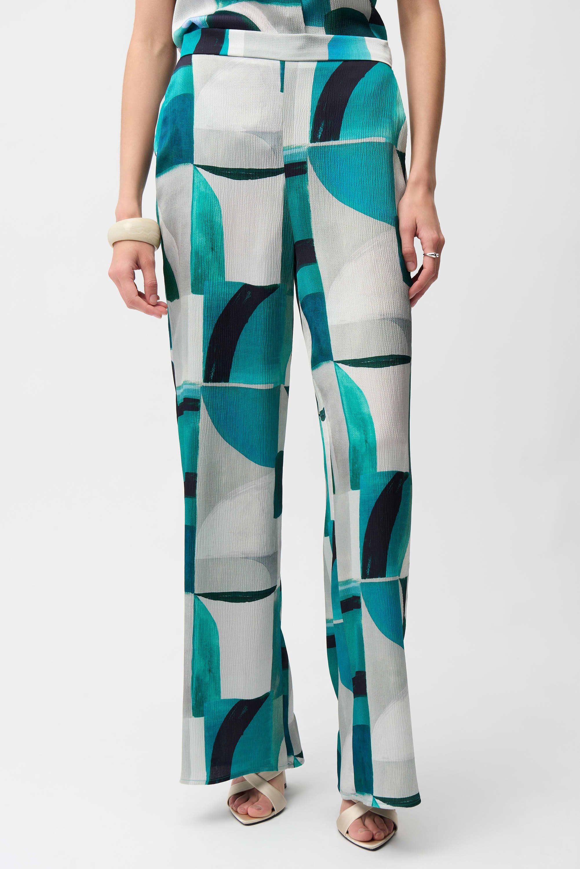 JOSEPH RIBKOFF 261042 Textured Satin Geometric Print Wide Leg Pull-On Pants - Image 2