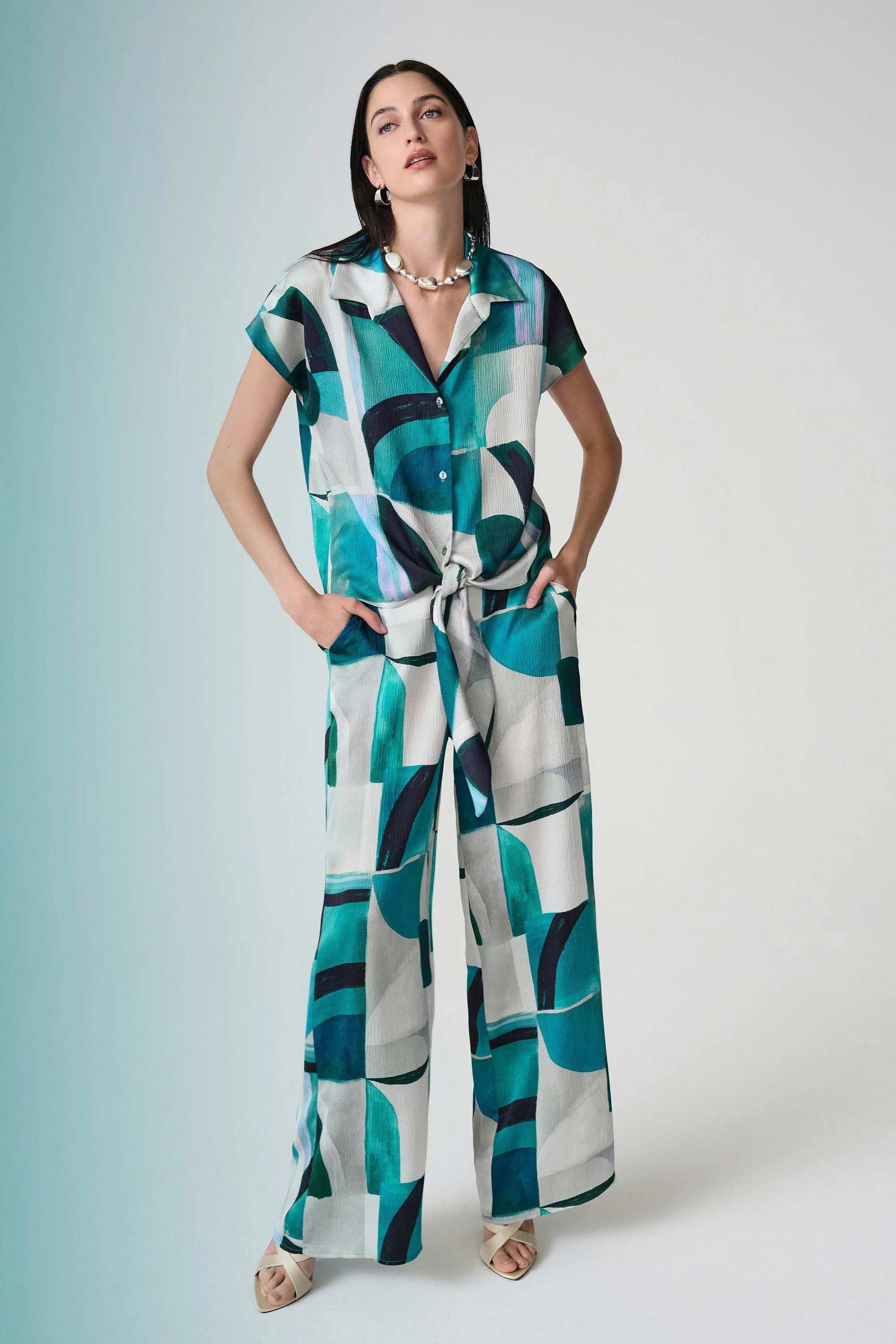 JOSEPH RIBKOFF 261042 Textured Satin Geometric Print Wide Leg Pull-On Pants - Image 5