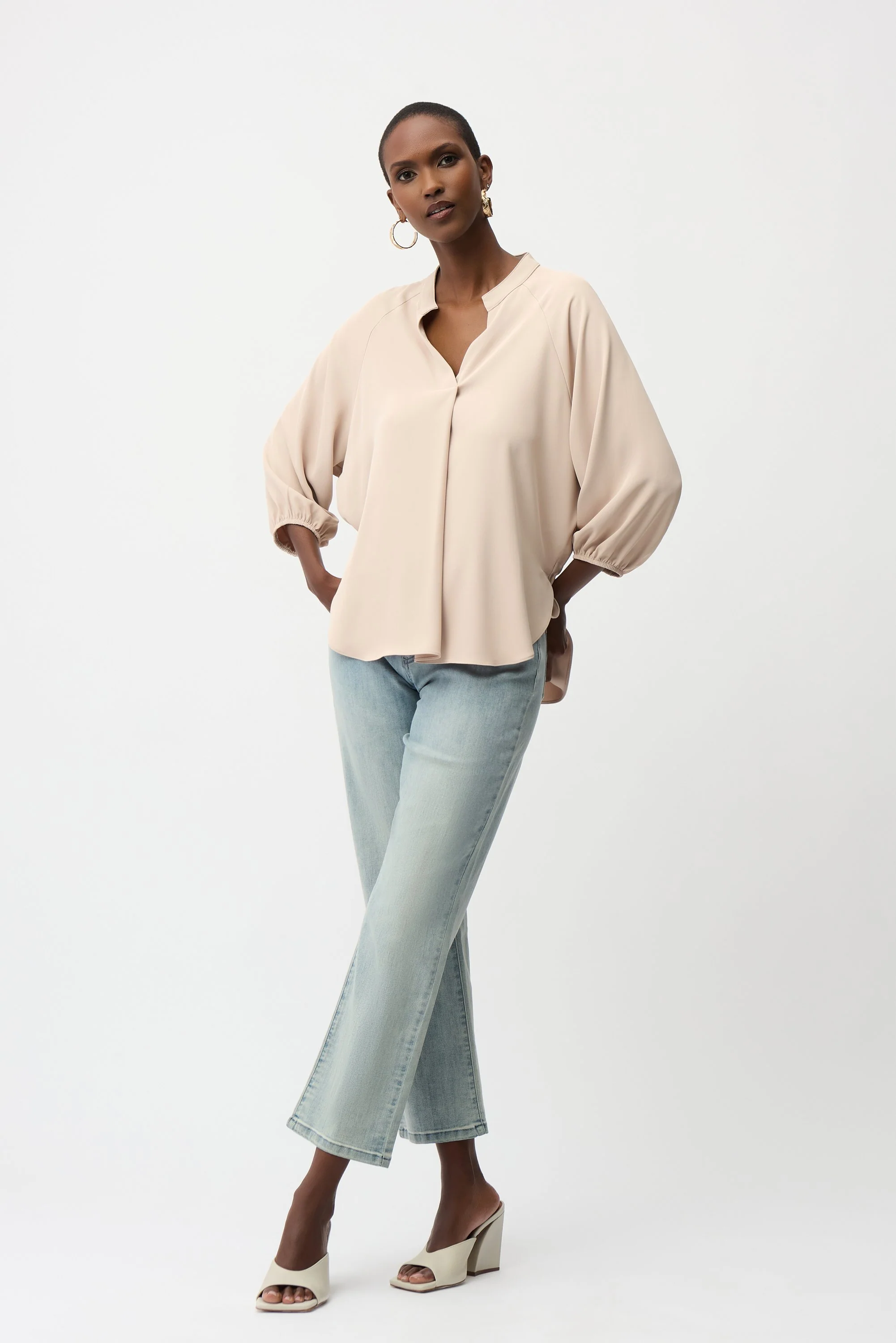 JOSEPH RIBKOFF 261076 Woven Twill Boxy Top With Mandarin Collar