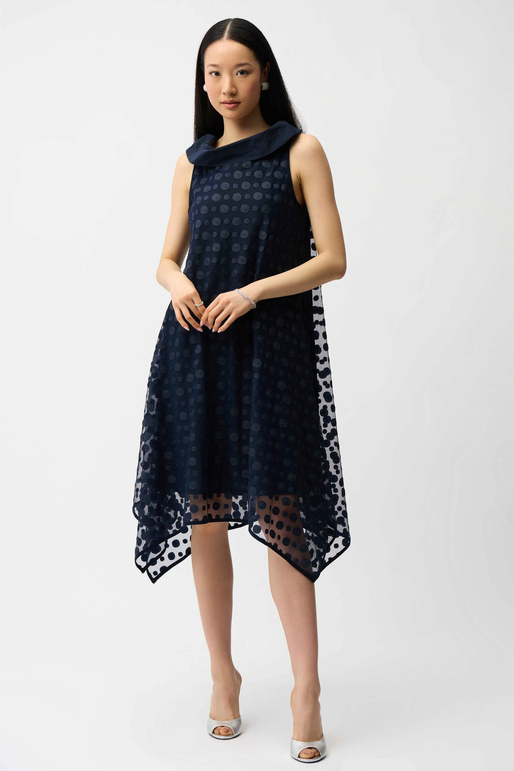 JOSEPH RIBKOFF 261299 Dot Embroidered Mesh Handkerchief Dress With Cowl Collar - Image 2