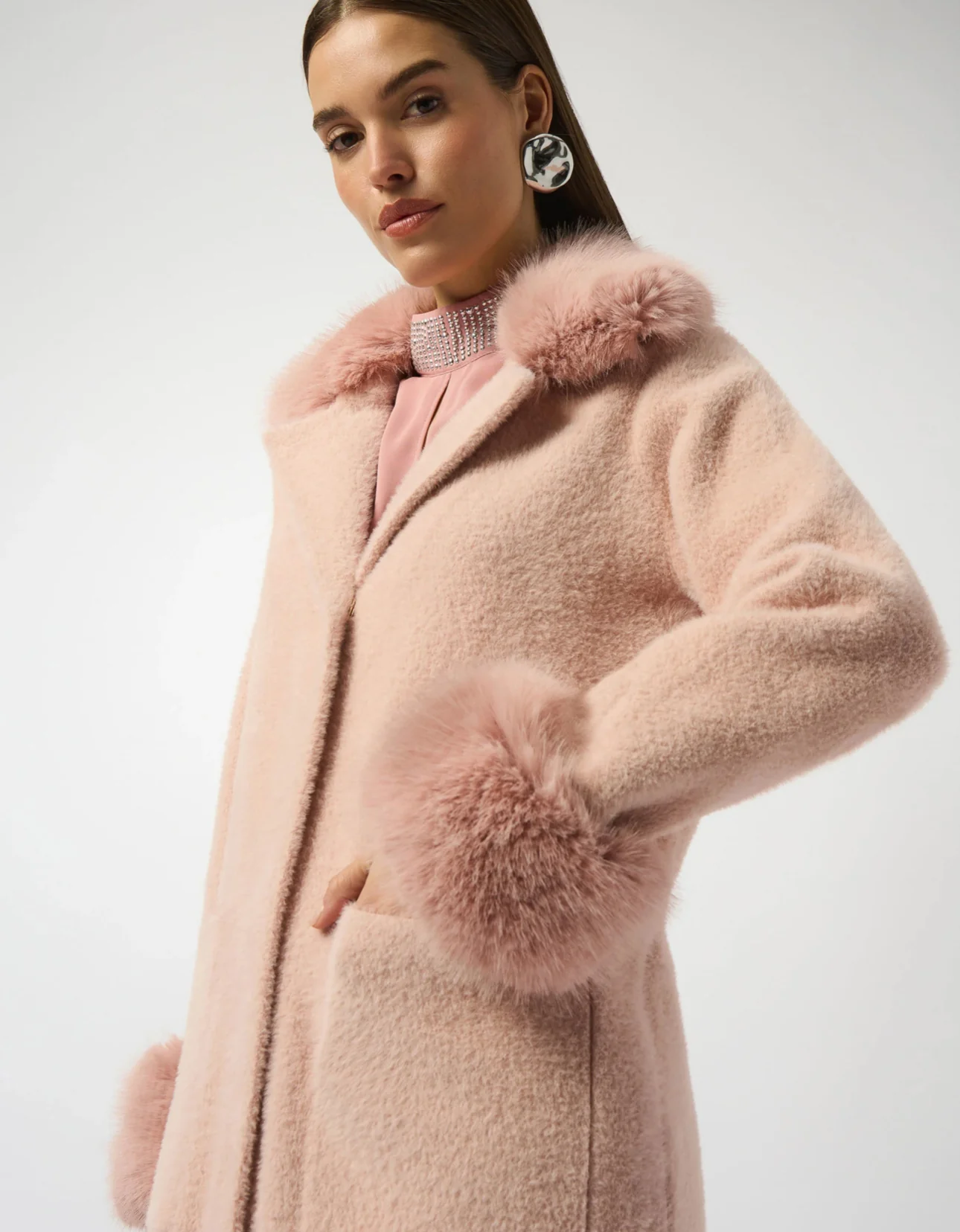 JOSEPH RIBKOFF Feather Yarn and Faux Fur Sweater Coat- 243923F25 - Image 2