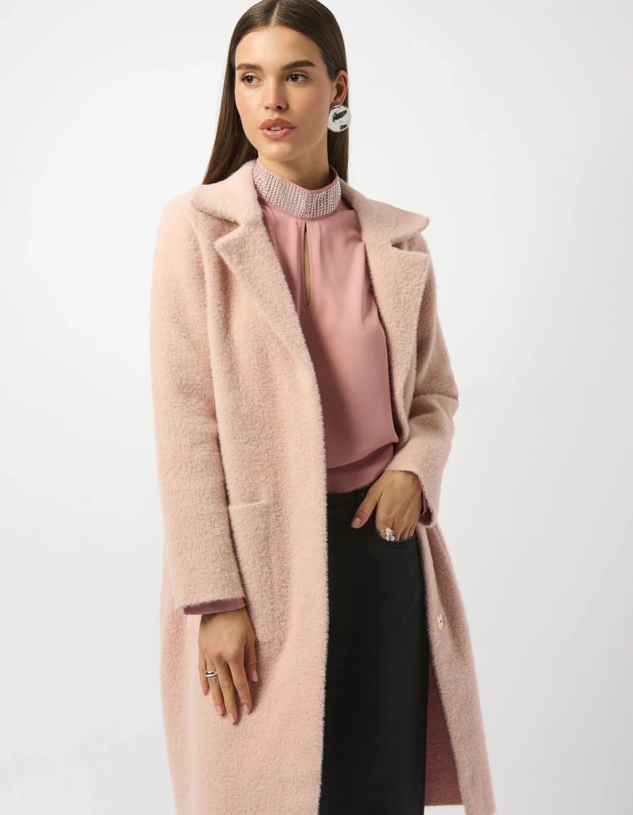 JOSEPH RIBKOFF Feather Yarn and Faux Fur Sweater Coat- 243923F25 - Image 3