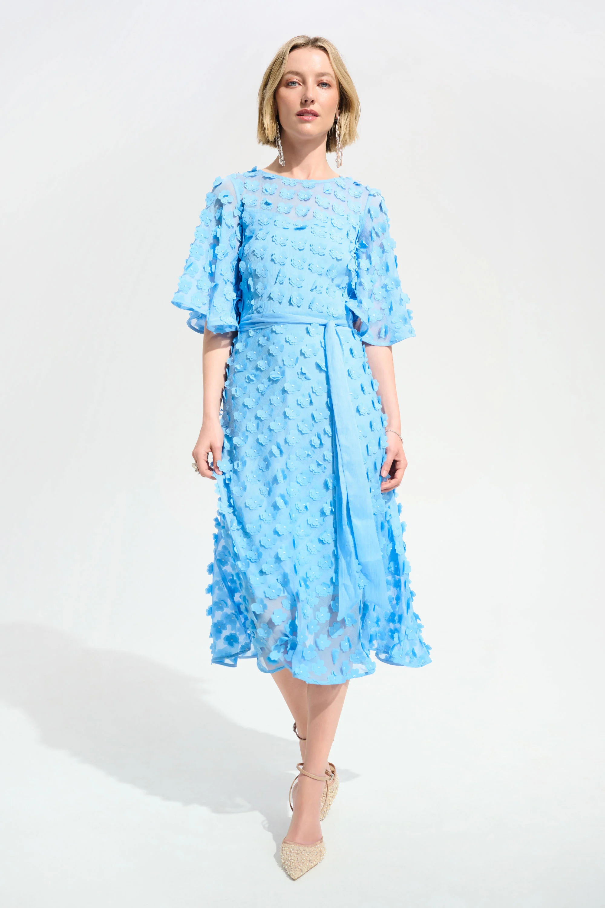 Joseph Ribkoff Signature | 3D Embroidered Chiffon Fit And Flare Dress With Sash Belt
261738