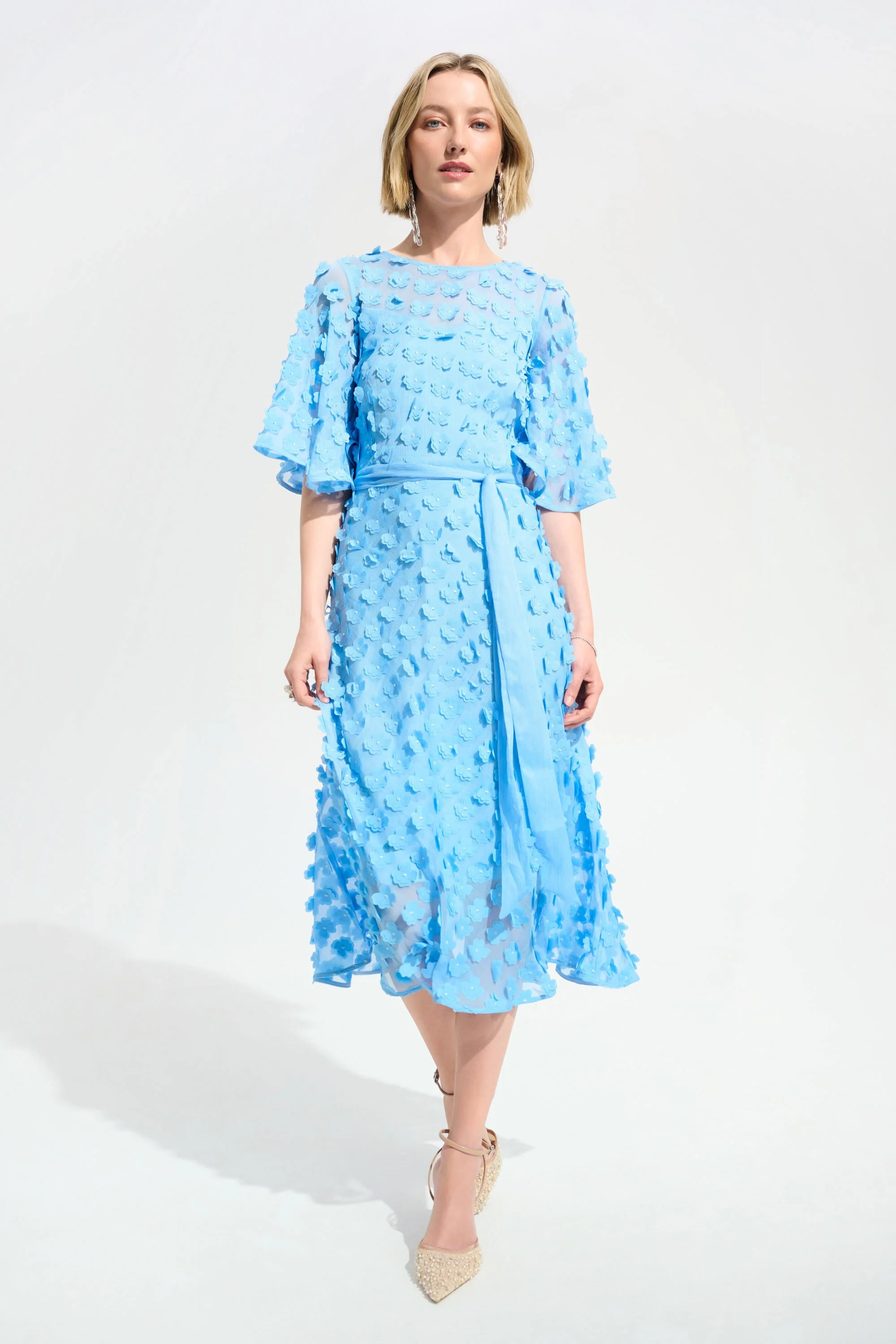 Joseph Ribkoff Signature | 3D Embroidered Chiffon Fit And Flare Dress With Sash Belt
261738 - Image 3