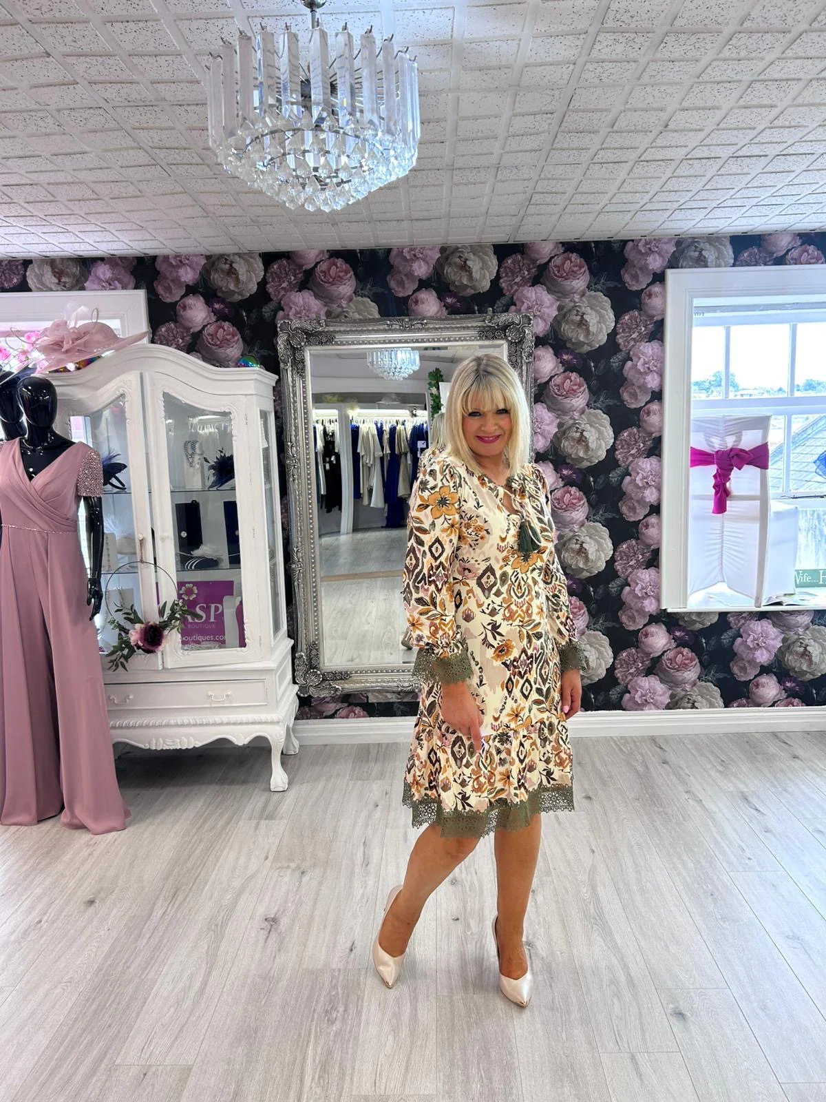 K Design Floral Print Dress with Khaki Crochet Trim – Style B114 - Image 5