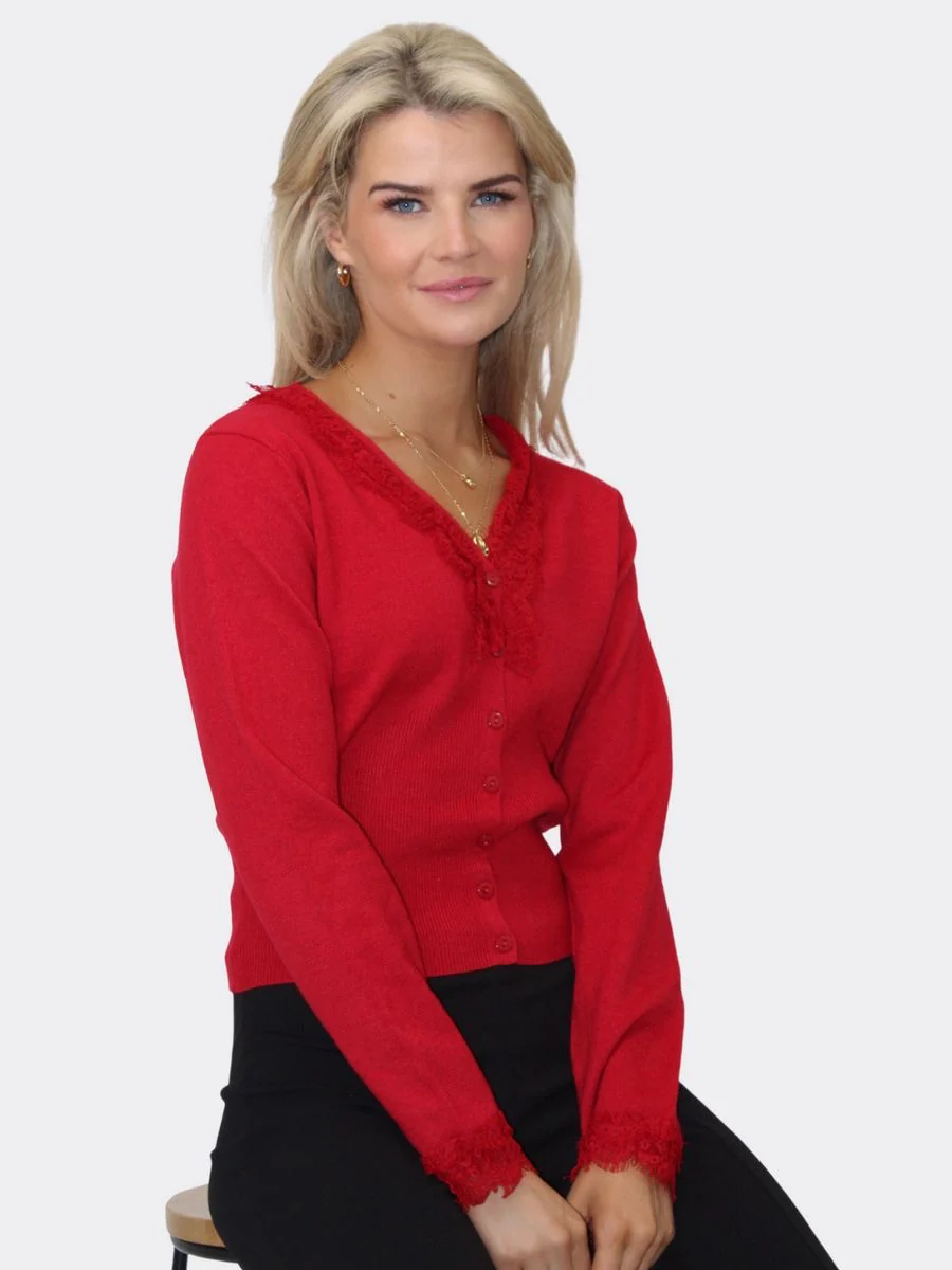 KATE & PIPPA CLO LACE TRIM CARDIGAN IN RED - Image 5