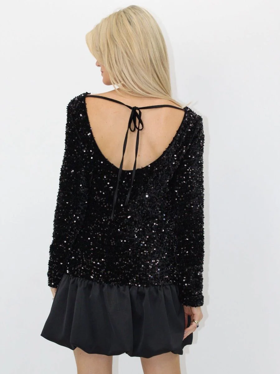 KATE & PIPPA IVANA PUFFBALL MINI DRESS IN BLACK SPARKLE - Image 6