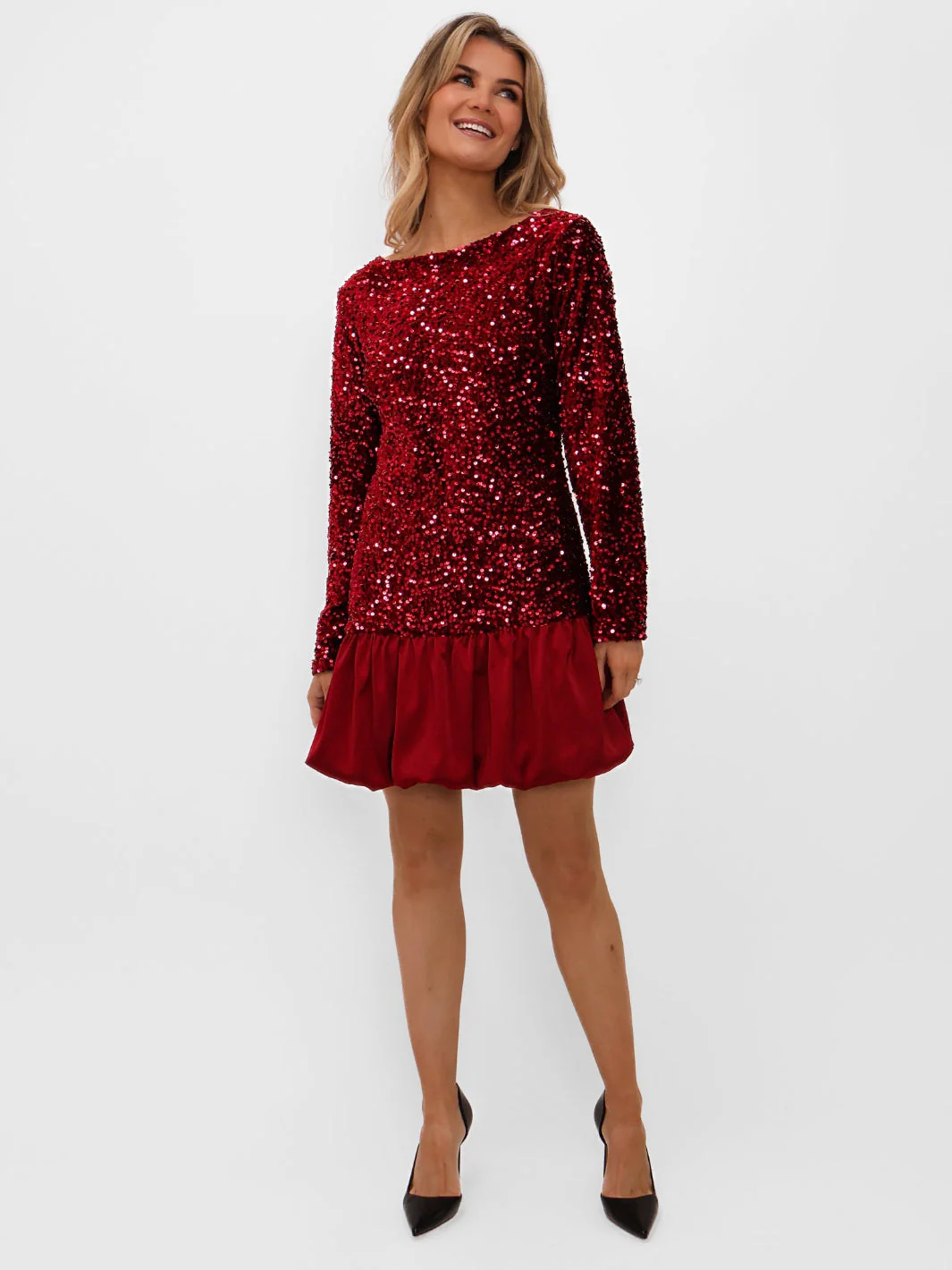 KATE & PIPPA ivana puffball mini dress in red sparkle - Image 5