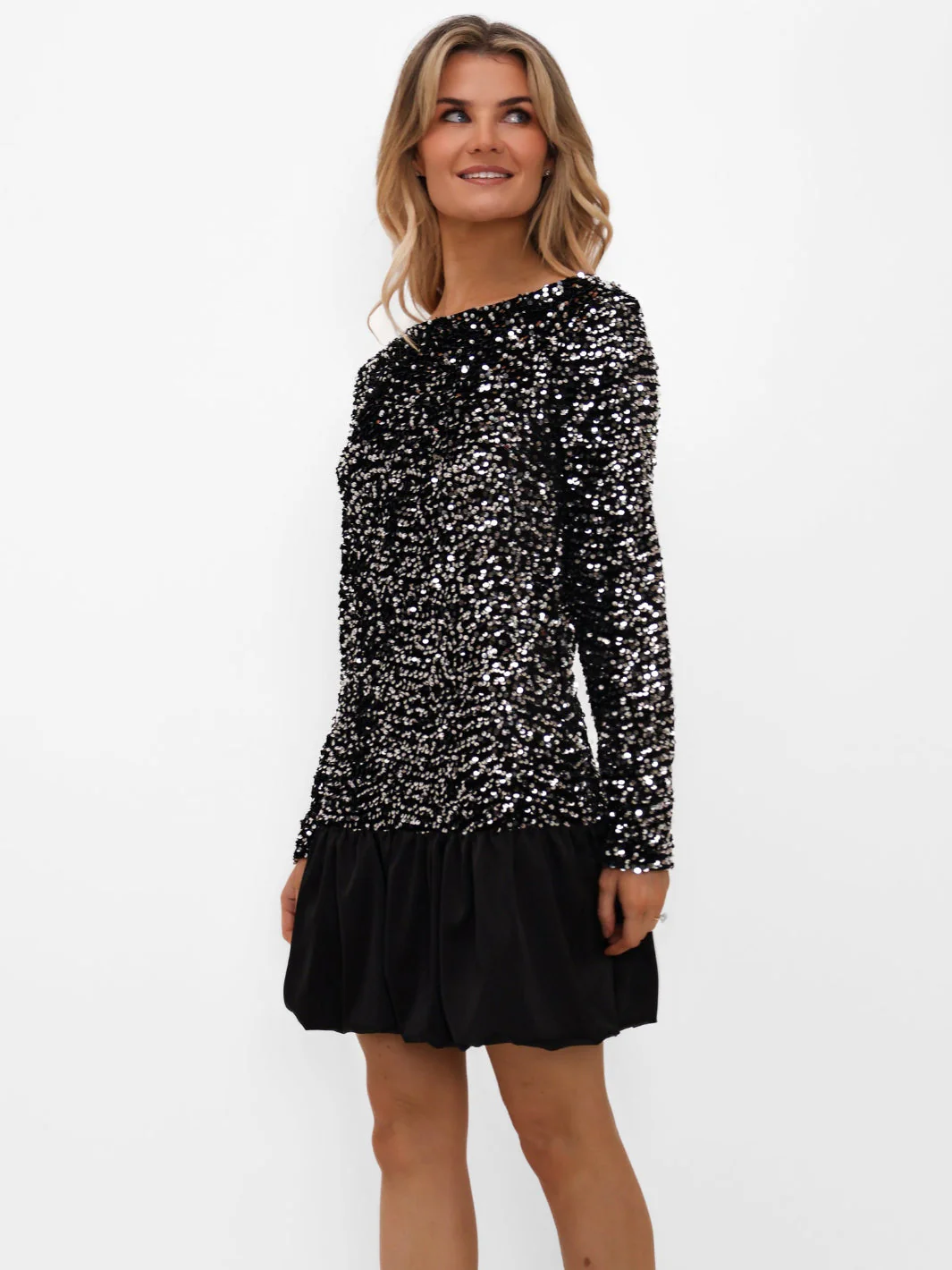 KATE & PIPPA ivana puffball mini dress in silver sparkle
