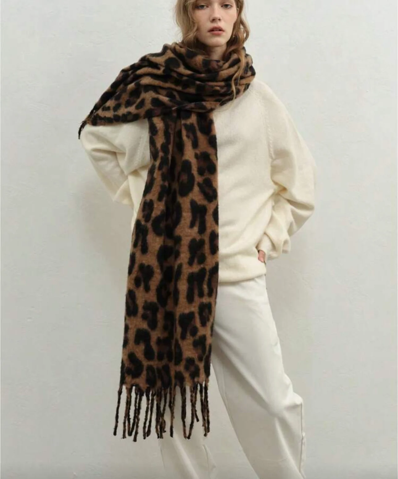 Leopard print oversized fringe scarf - Image 2
