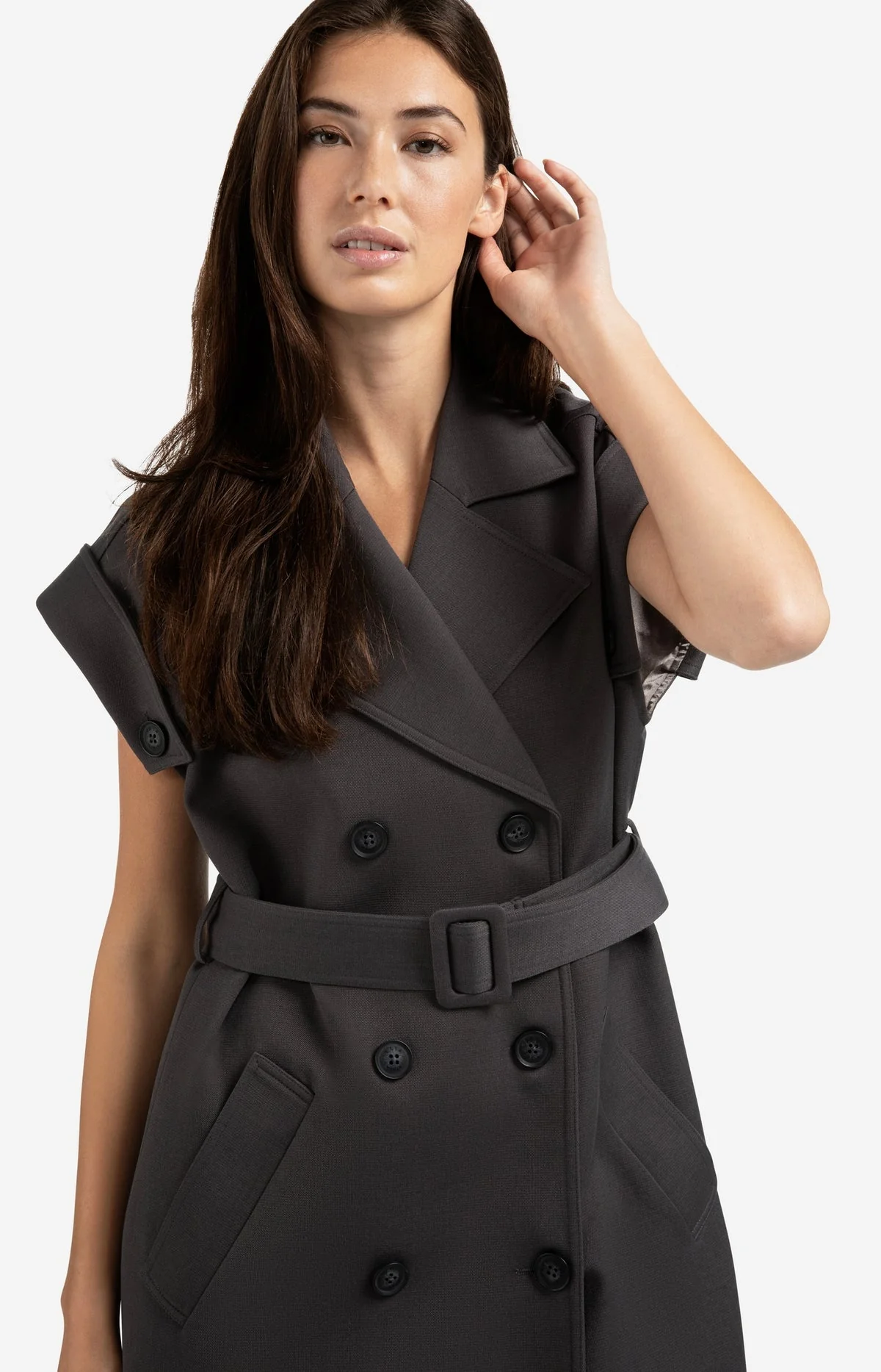 Long sleeveless coat with lapels and waist belt - Image 2