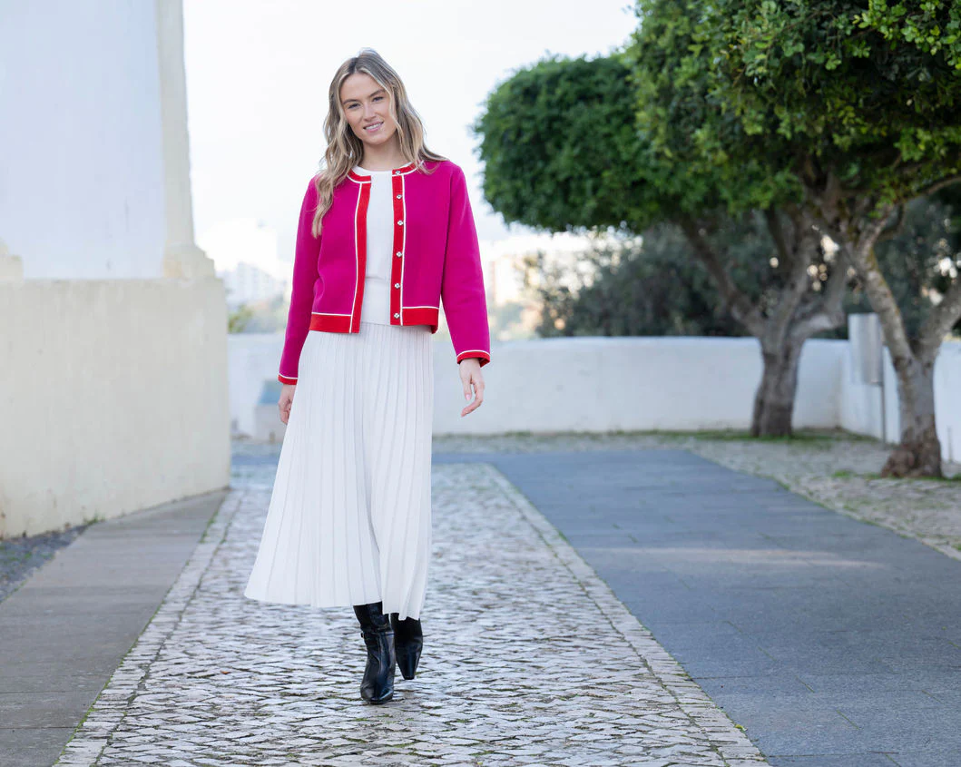 Marble Colour Block Cardigan – Style 8108 (Fuchsia/Red) - Image 2