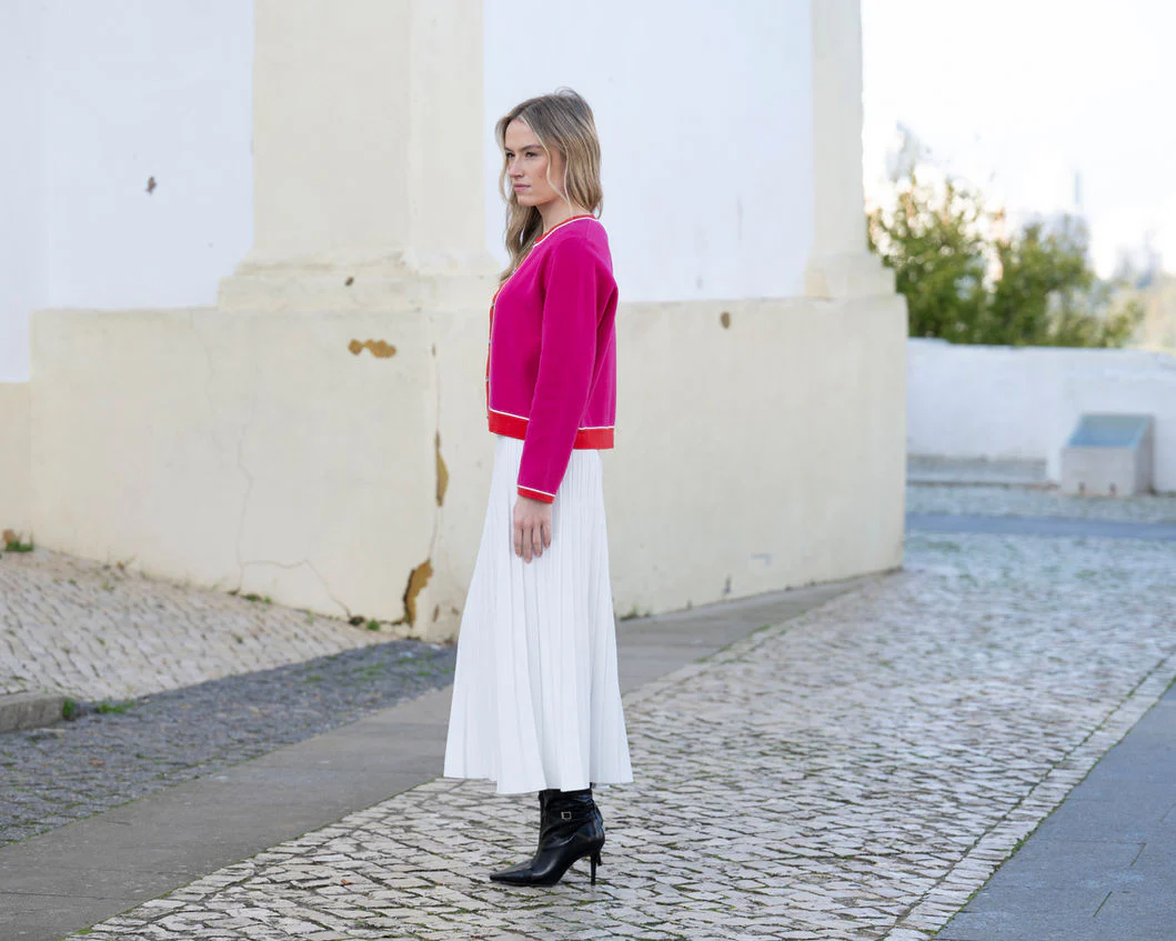 Marble Colour Block Cardigan – Style 8108 (Fuchsia/Red) - Image 3