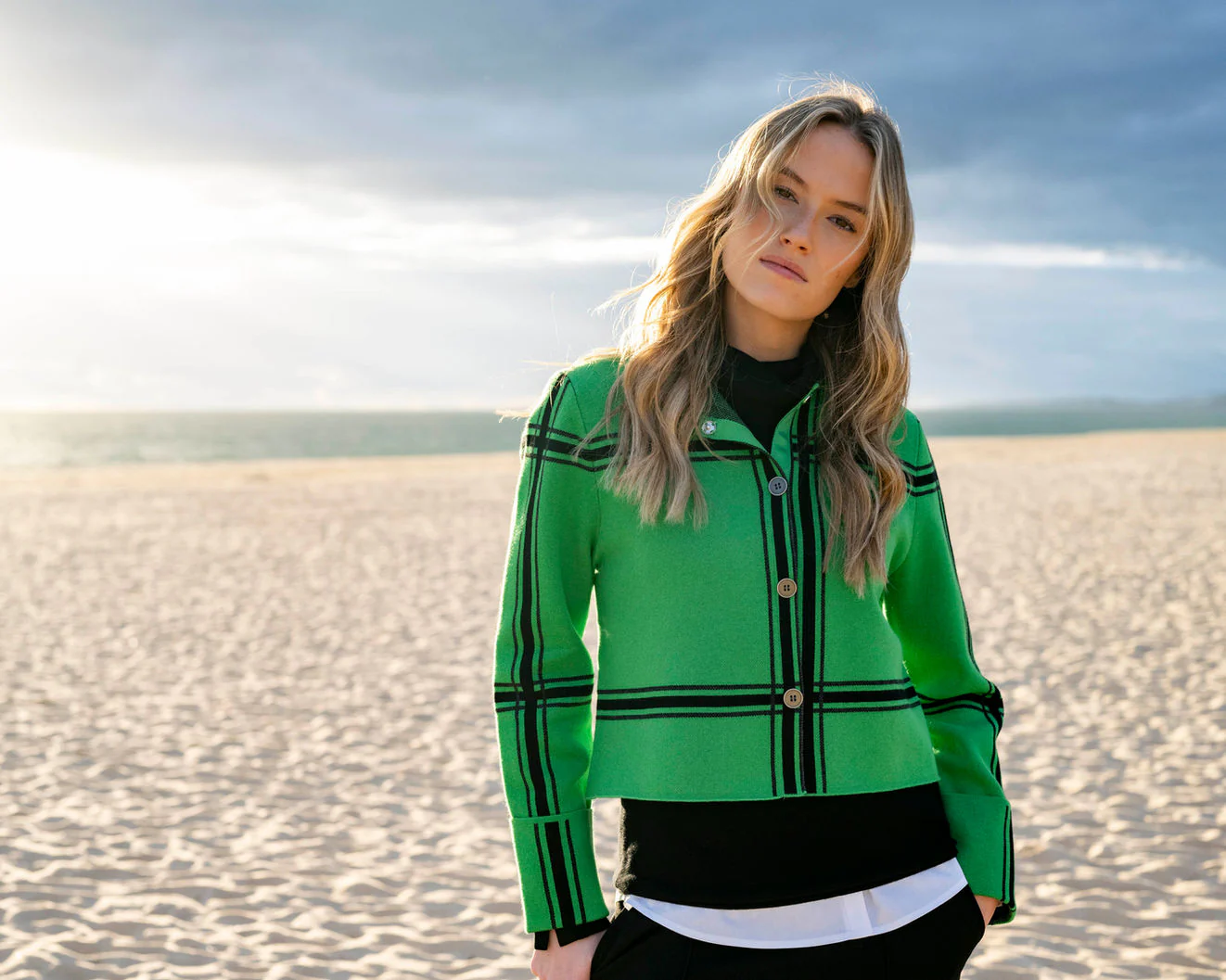 Marble Cropped Check Knit Jacket – Style 8111 (Green/Black) - Image 7