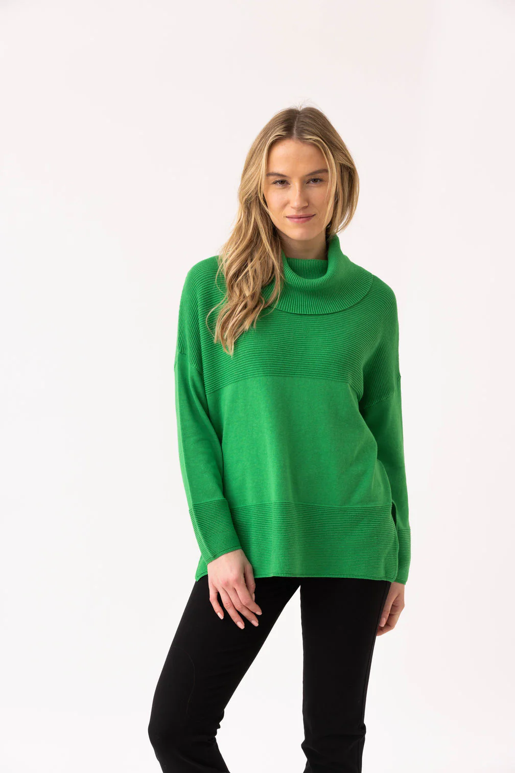 Marble Roll Neck Rib Detail Sweater – Style 8077 (Green - Image 2