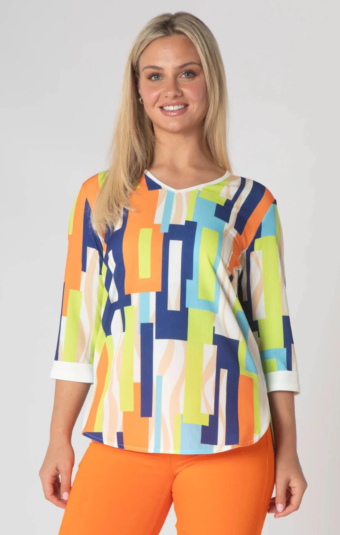 Paige v neck top with white trim- orange and green. - Image 4