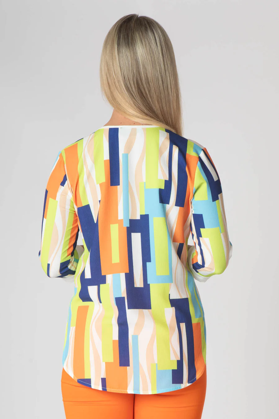 Paige v neck top with white trim- orange and green. - Image 5
