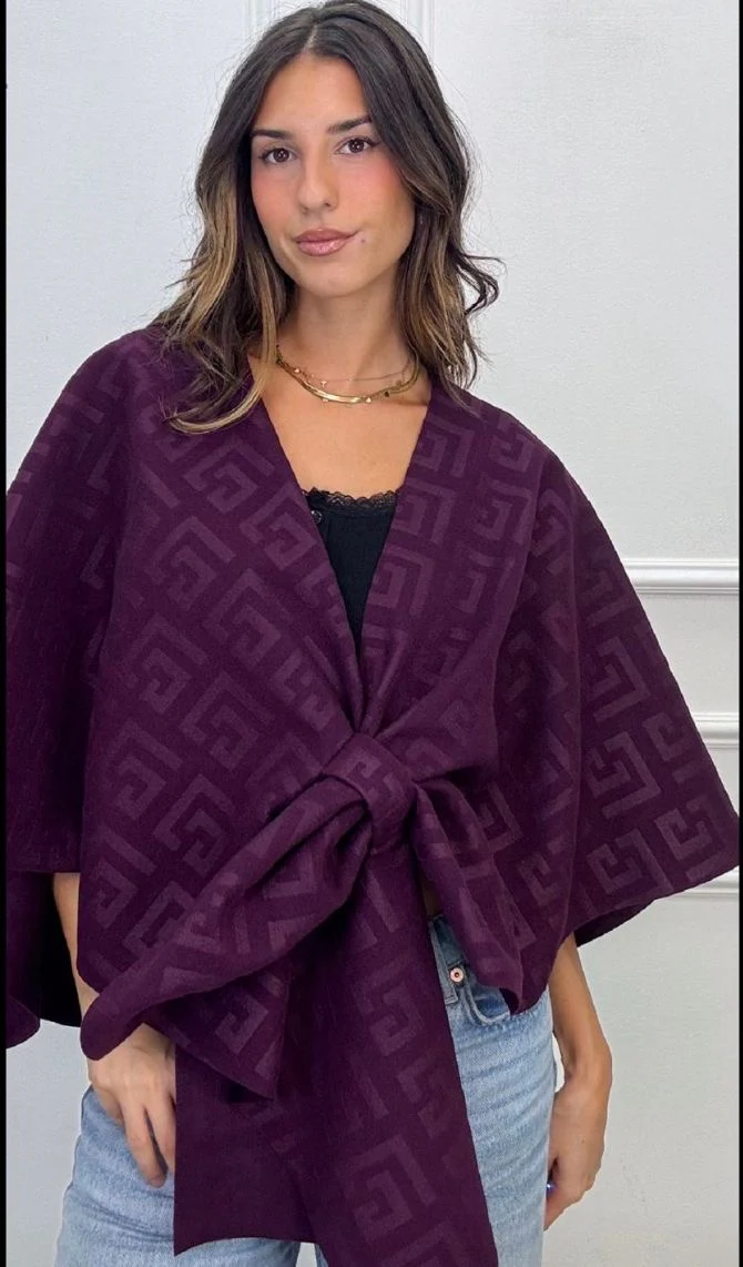 Purple Jacquard Tie-Front Cape Wrap