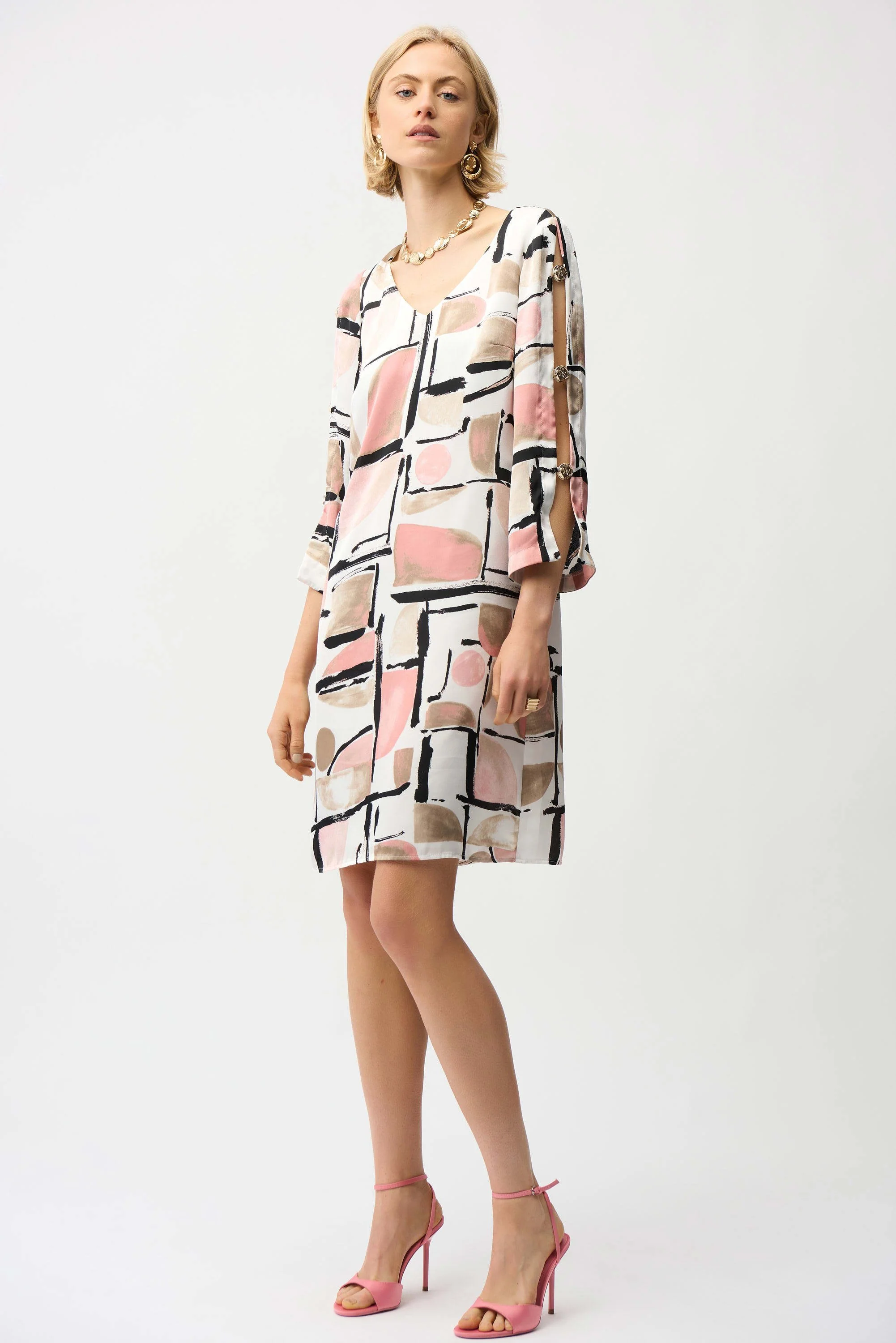 Recycled Satin Abstract Print Trapeze Dress With Gold Detail
261258 Joseph Ribkoff - Image 2