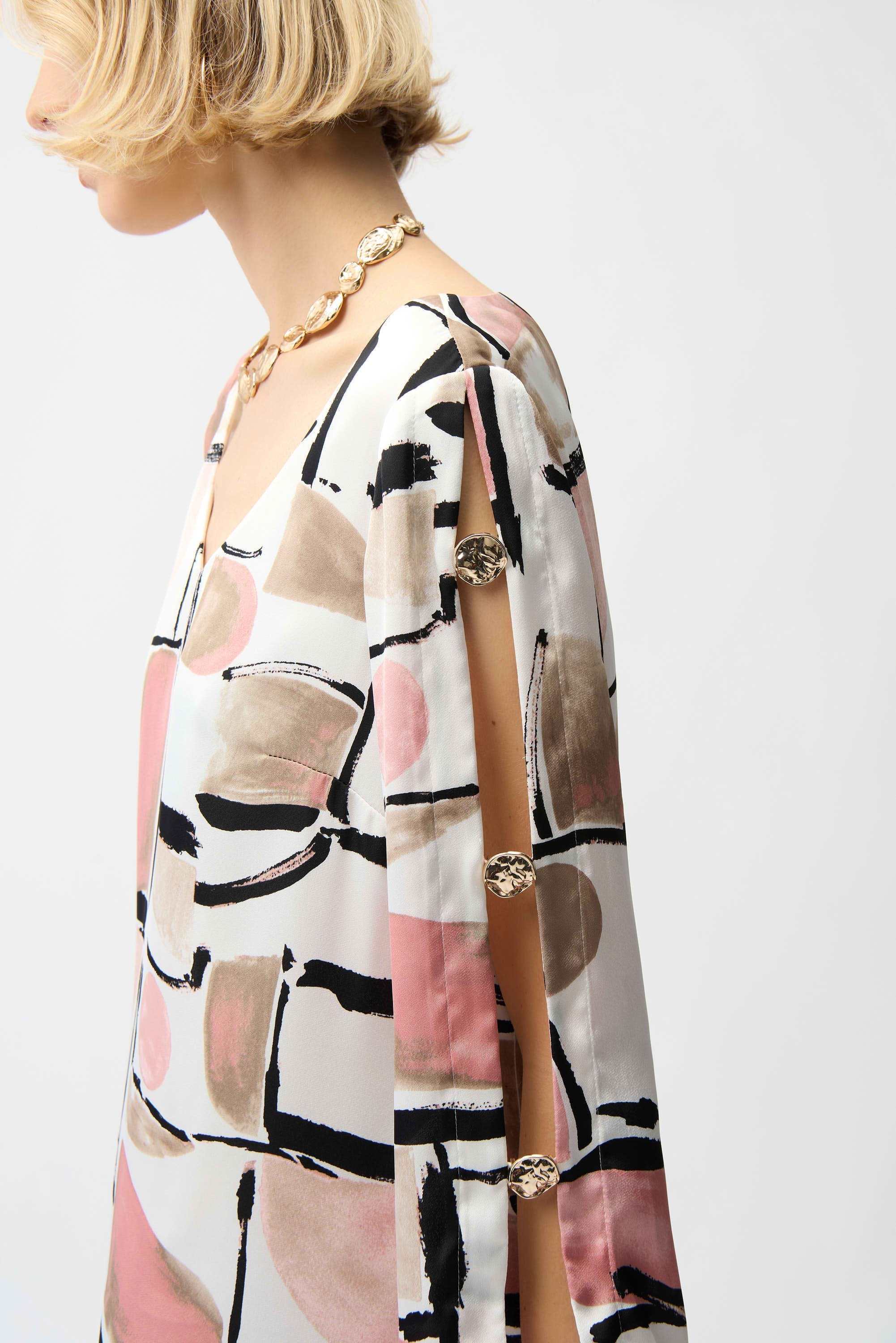 Recycled Satin Abstract Print Trapeze Dress With Gold Detail
261258 Joseph Ribkoff - Image 3