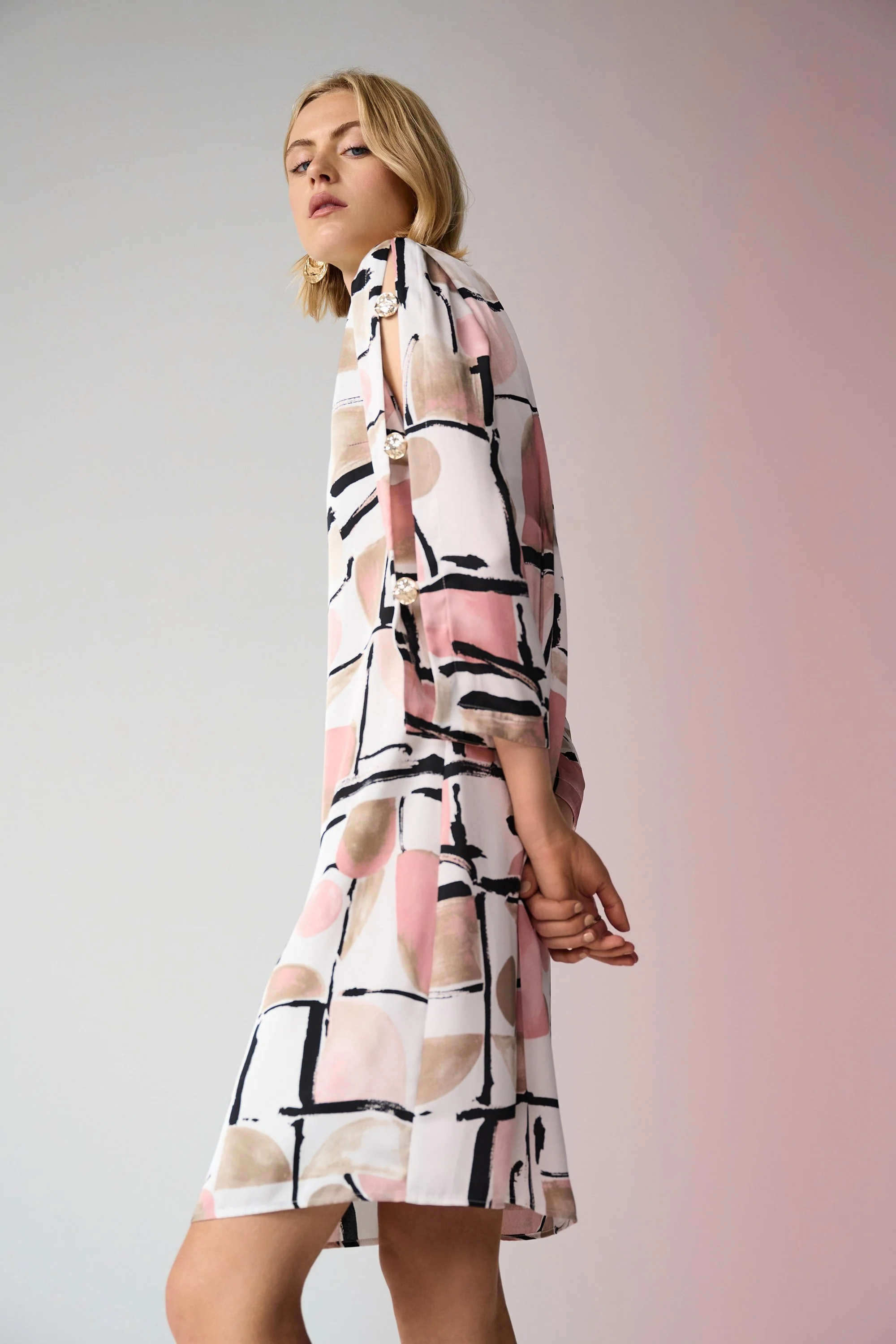 Recycled Satin Abstract Print Trapeze Dress With Gold Detail
261258 Joseph Ribkoff - Image 4