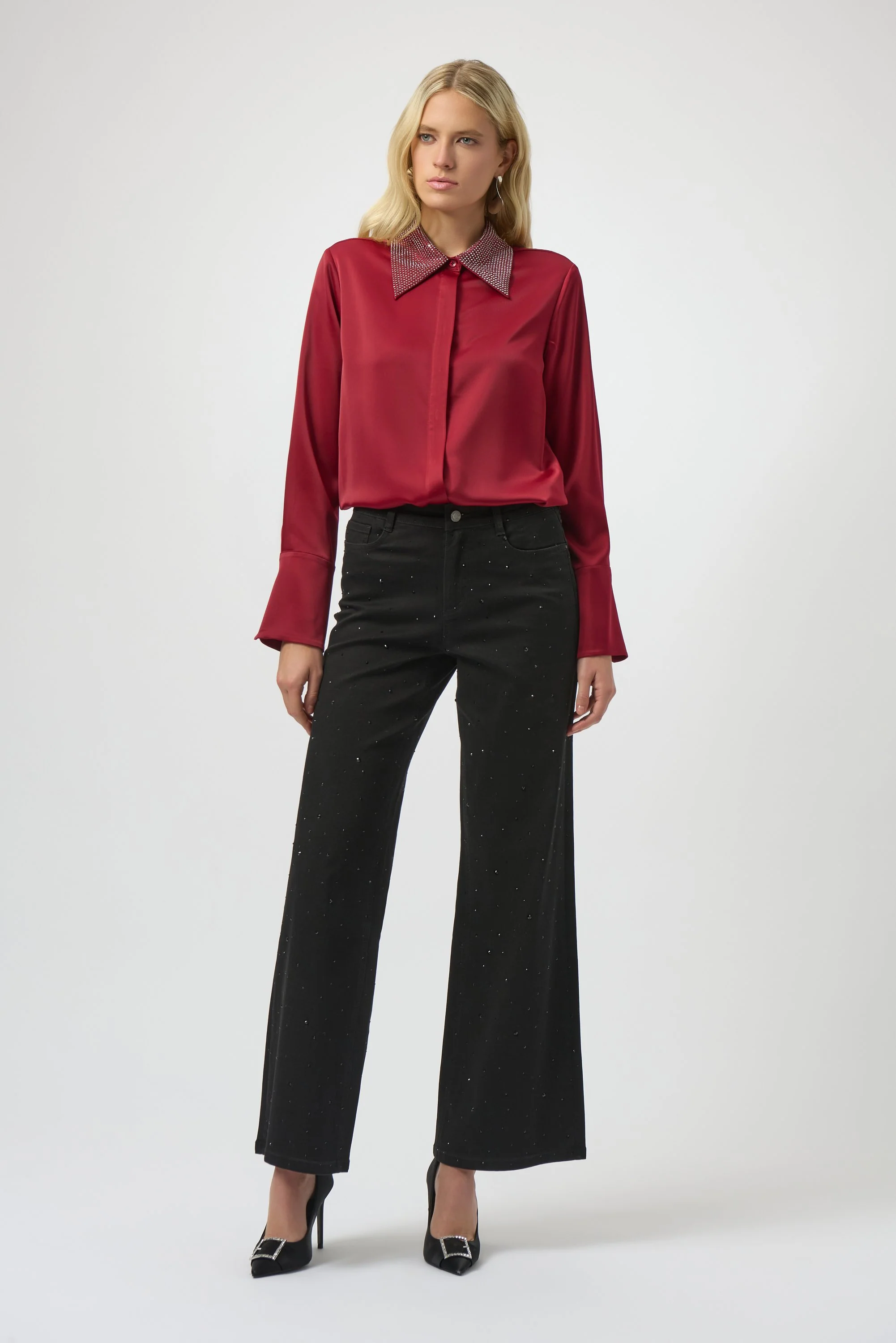 Satin Button-Front Blouse with Embellished Collar
254926 - Image 2