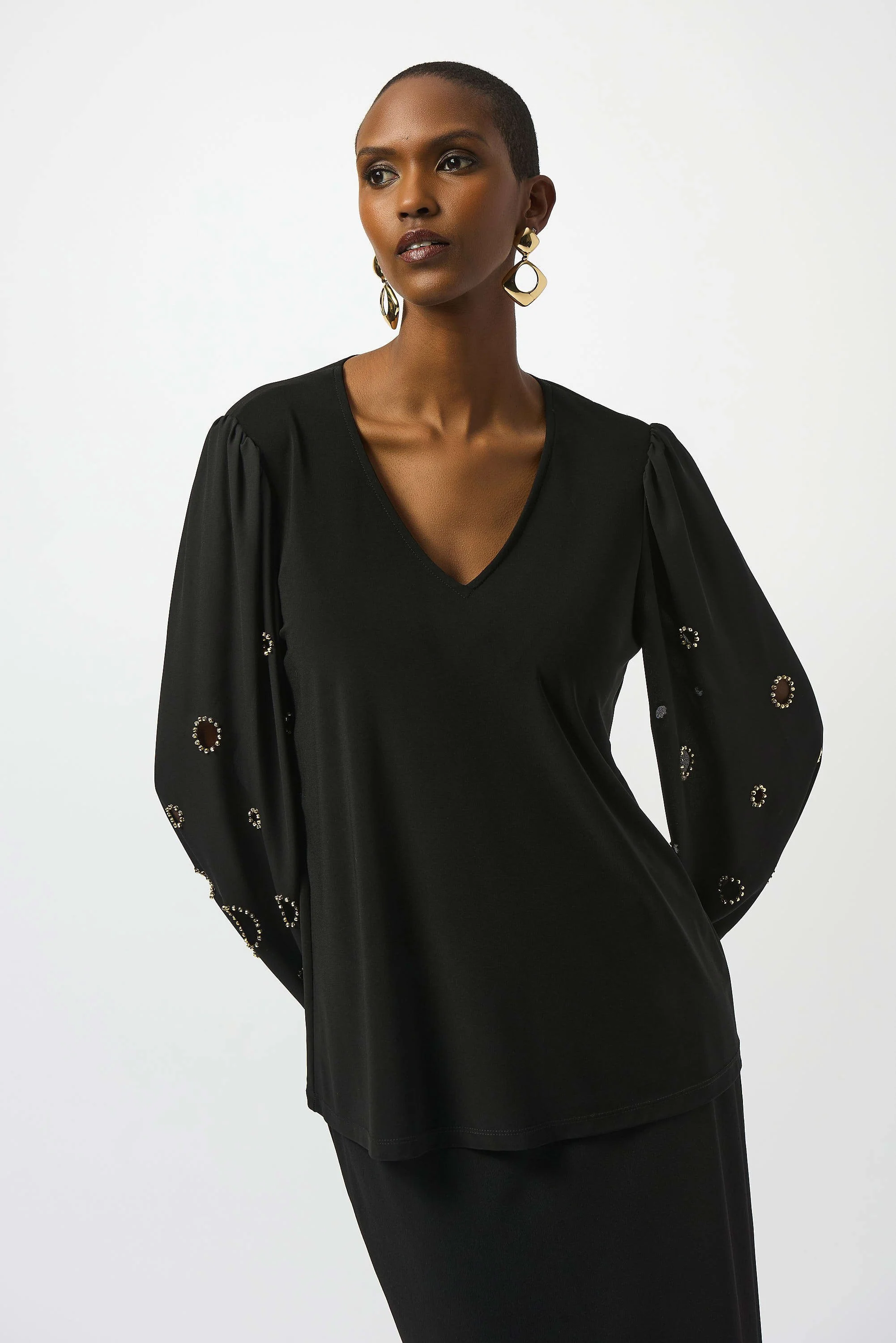 Silky Knit & Georgette Top With Sleeve Beading
253084