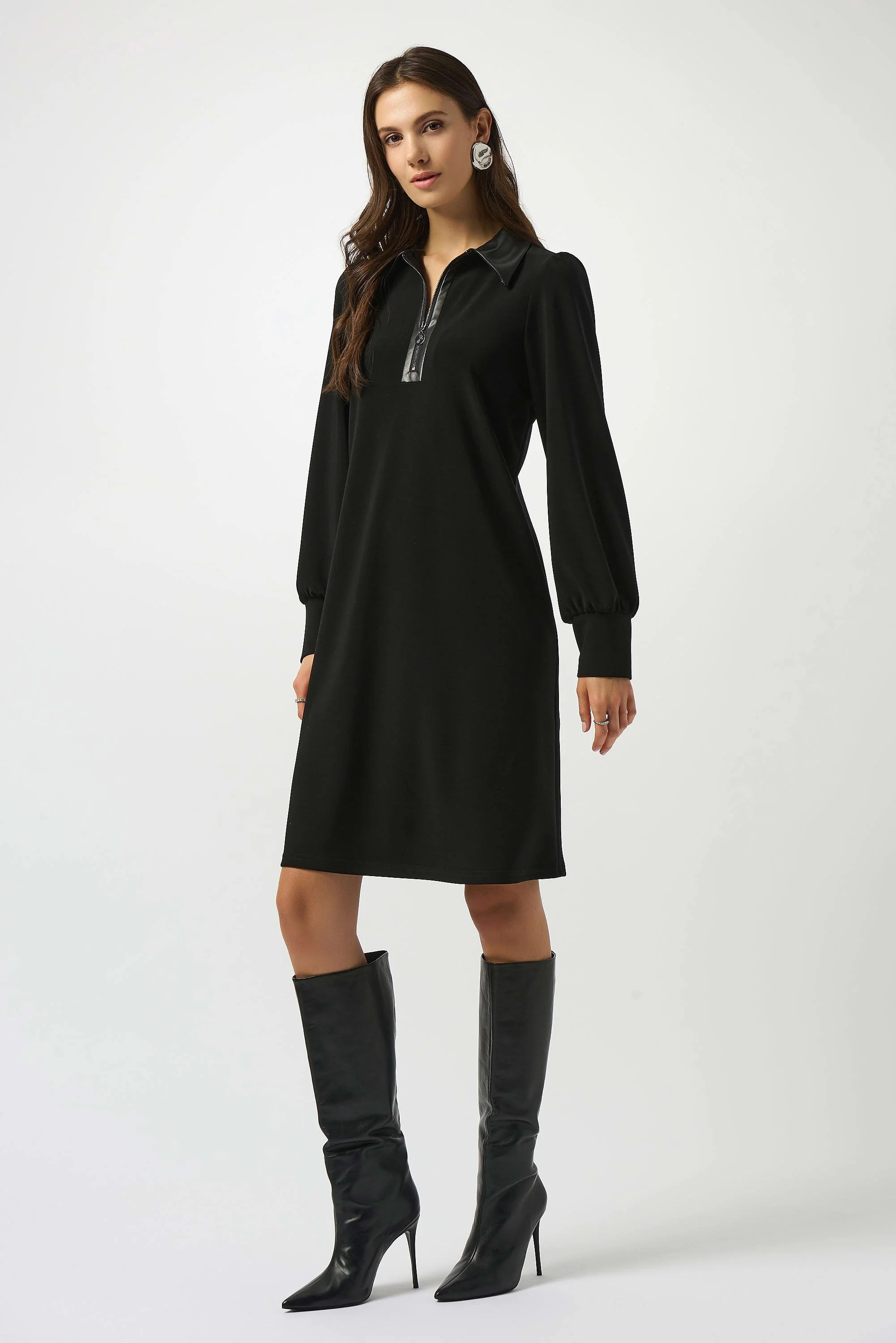 Silky Knit & Leatherette Trapeze Dress
253164