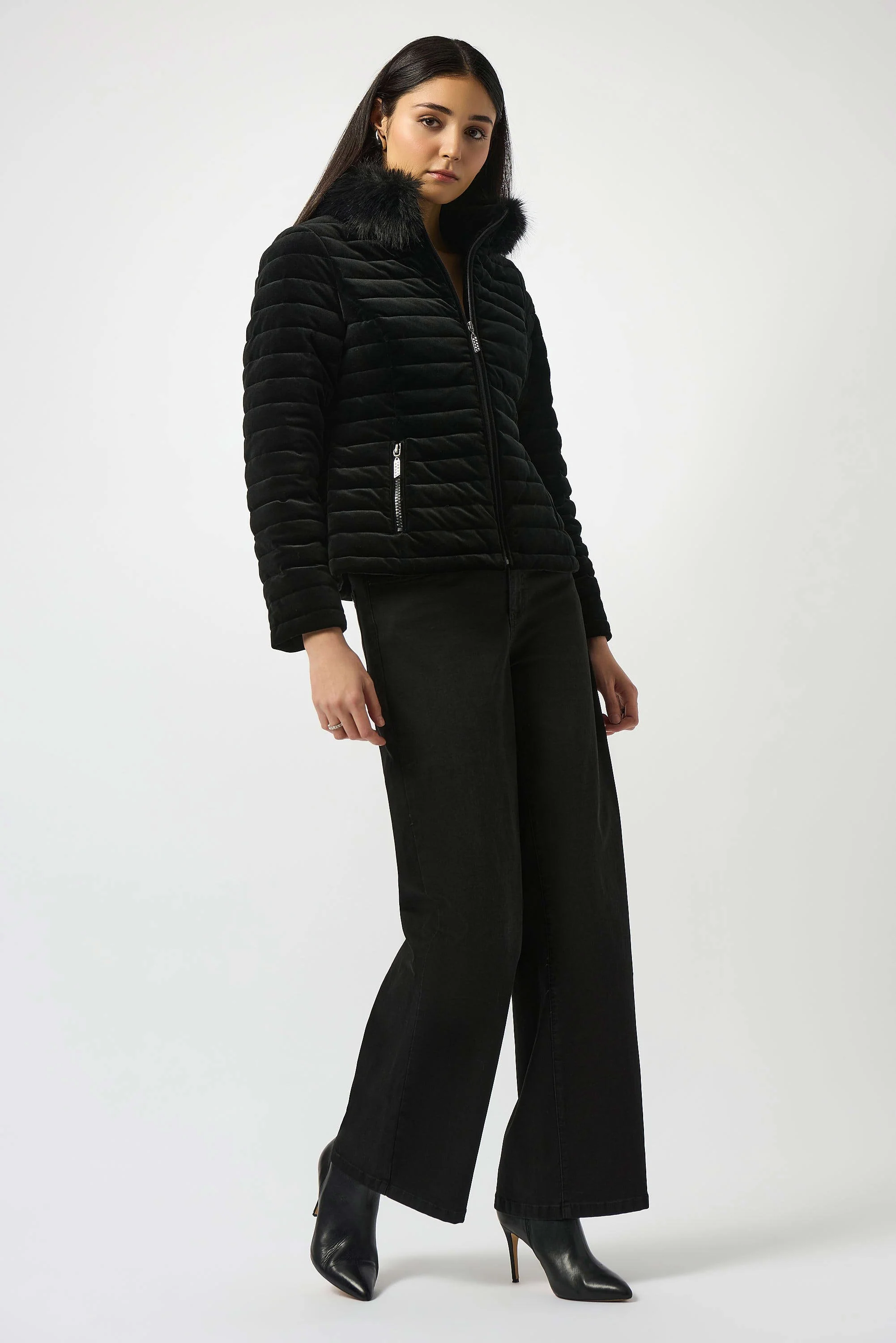 Stretch Velvet Puffer Jacket with Faux Fur Collar
253928 - Image 3