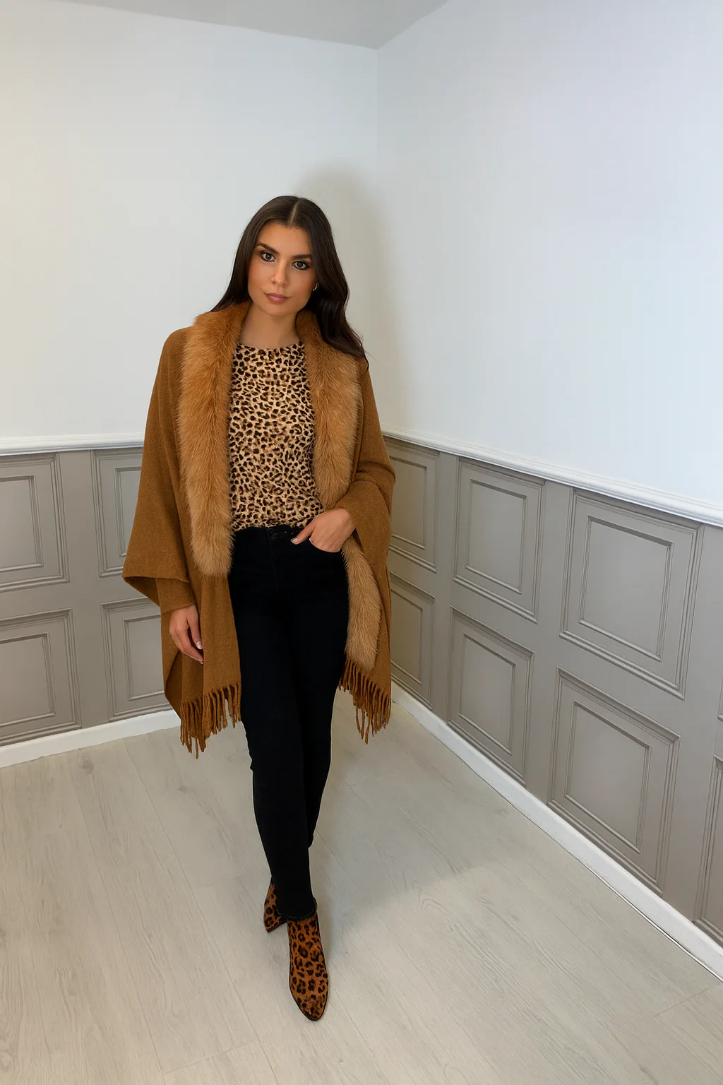 Tan Luxury Faux Fur Trim Cape