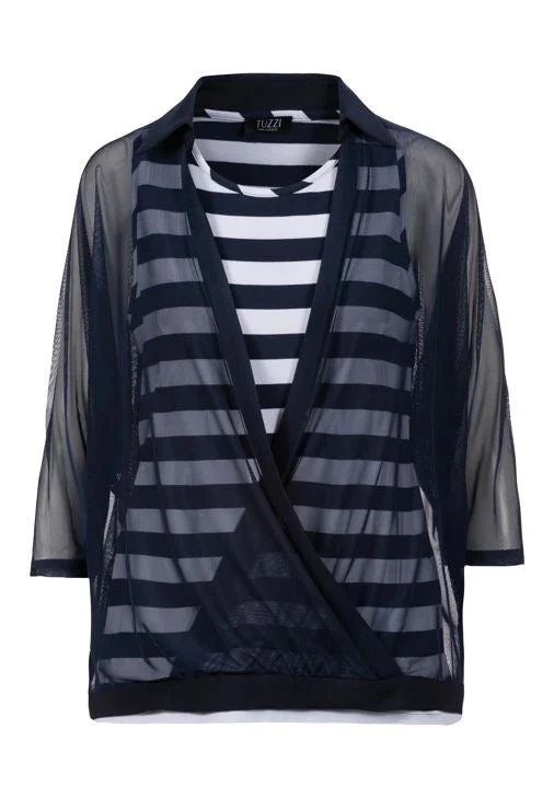 TUZZI 411.404 Diva state of mind- Navy striped shawl top - Image 4