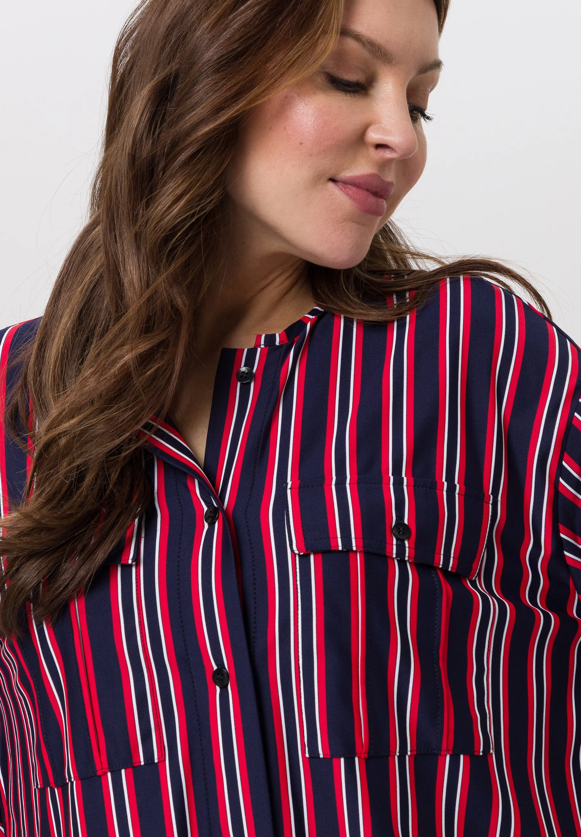 Tuzzi Navy, Red, and White Striped Patterned Blouse - Image 2