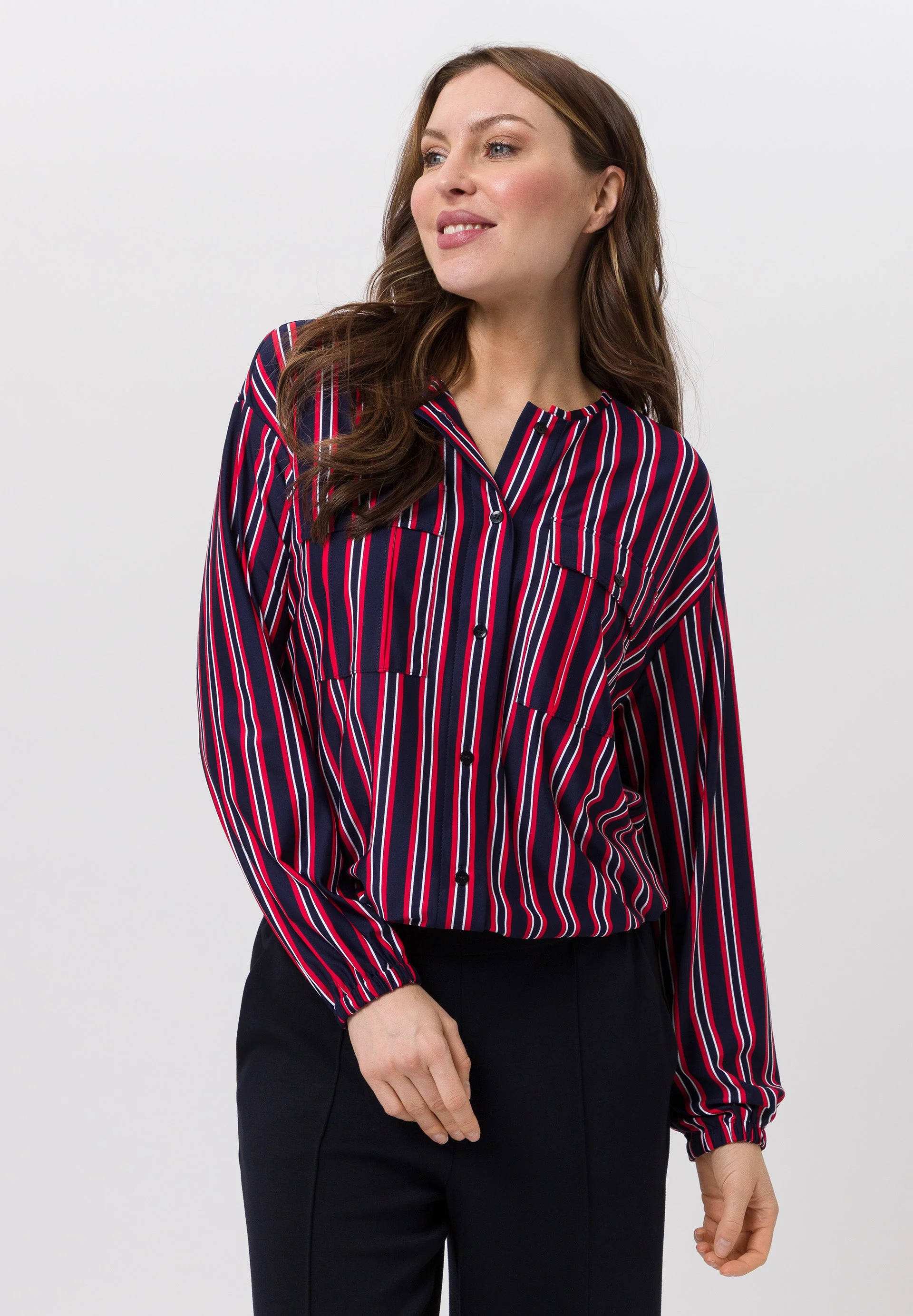 Tuzzi Navy, Red, and White Striped Patterned Blouse - Image 3