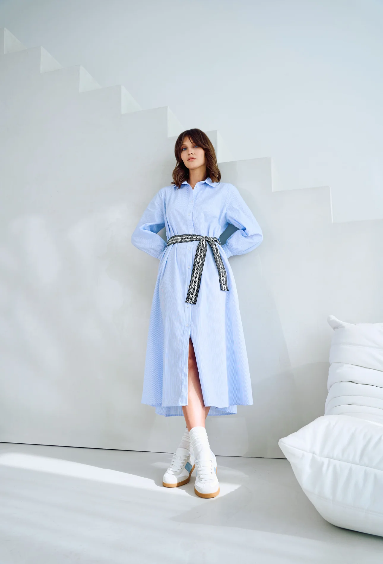 TUZZI soft blue striped shirt dress