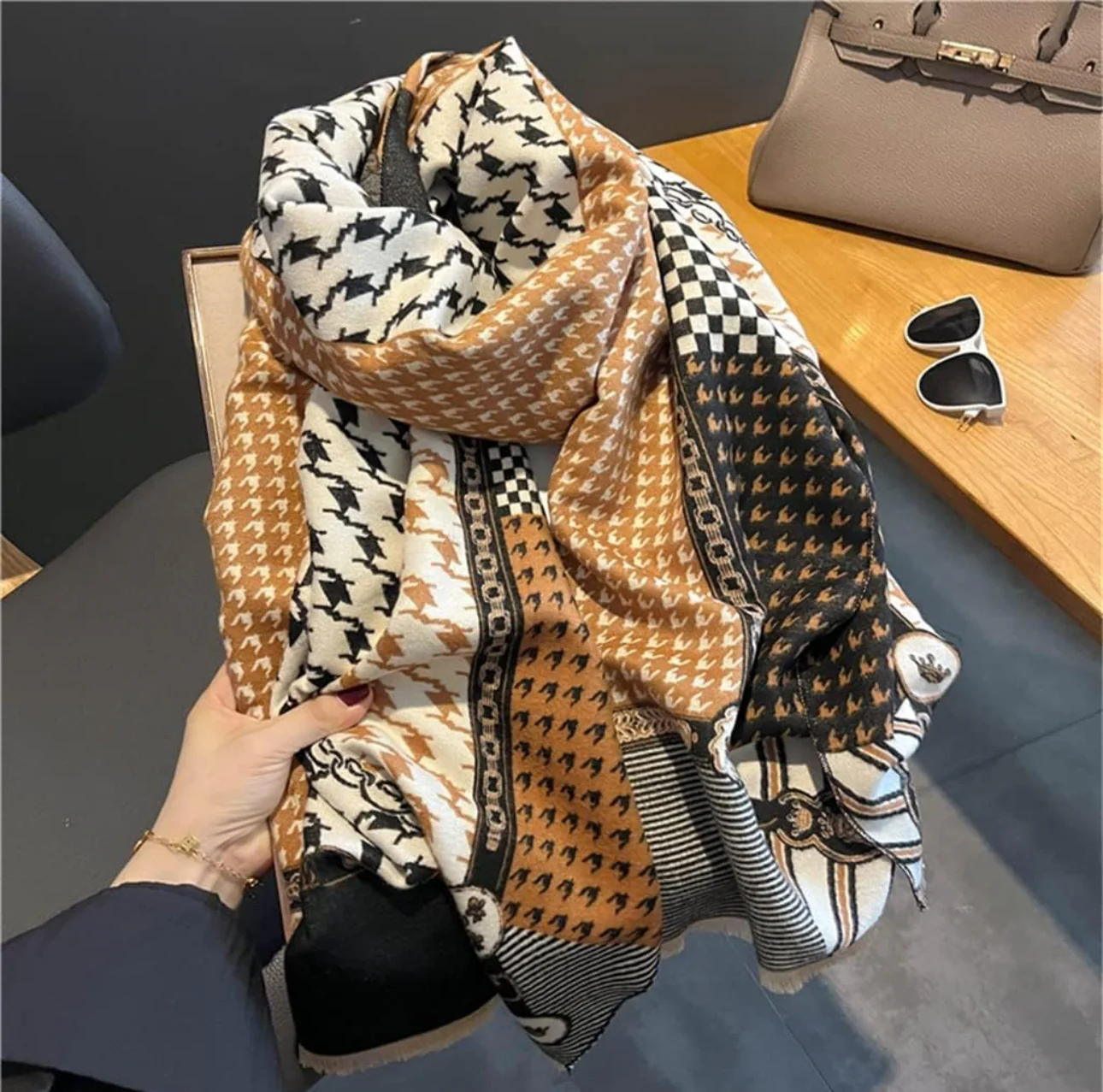 Doctor Bear Luxury cashmere feel scarf in taupe - Image 3